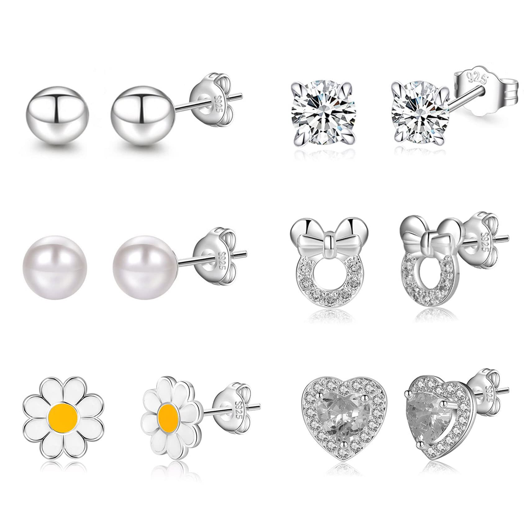 Sterling Silver Stud Earrings S925 Silver Stud Earrings For Women Round Heart Shape Flower Butterfly Cubic Zirconia Silver Studs For Girls Small Cartilage Stud Earrings Set