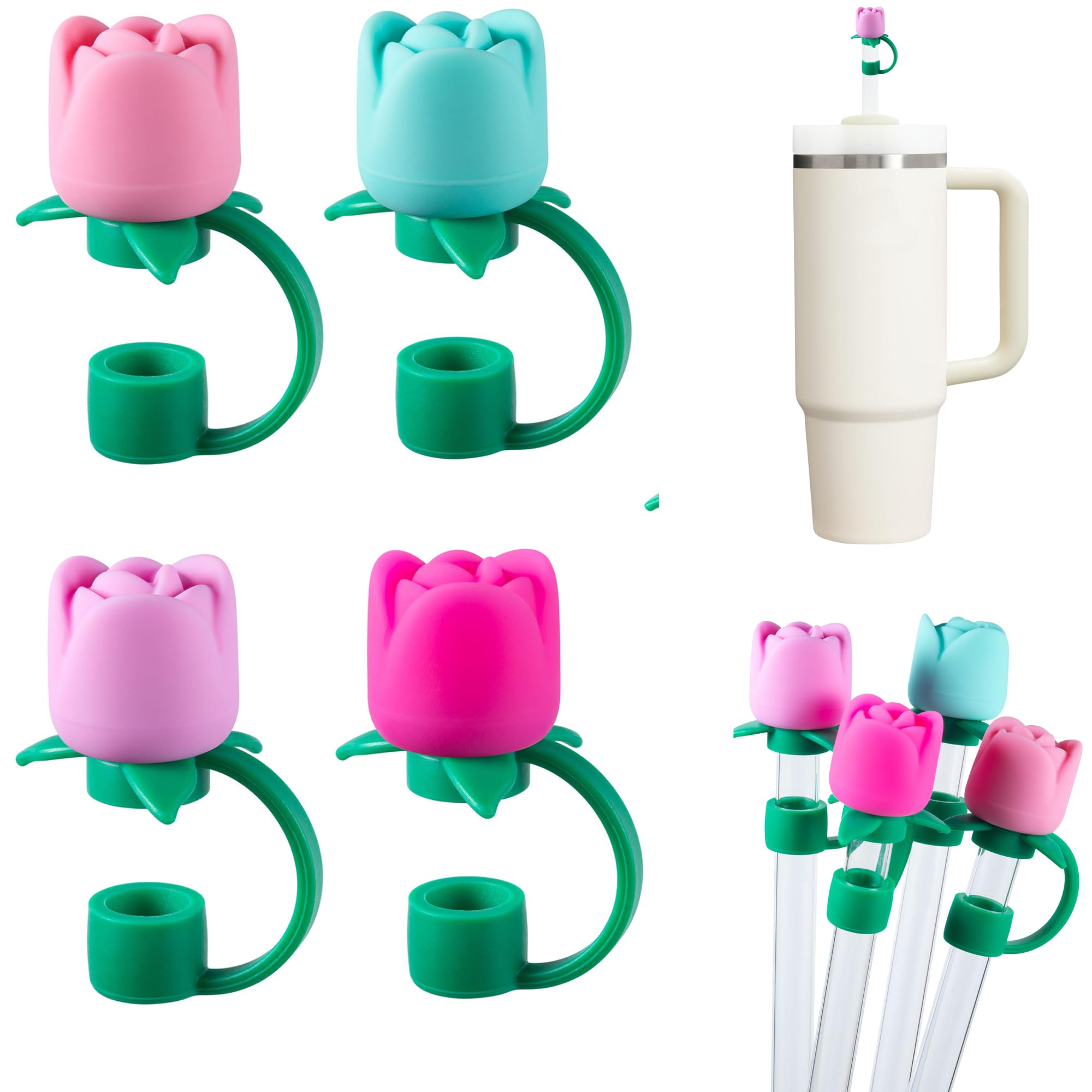 Valentines Day Straw Covers for Stanley Cup 40 30 20 OZ, Rose Flower Silicone Straw Toppers for Tumbler, Leak-Proof Dust-Proof Straw Caps Gifts for