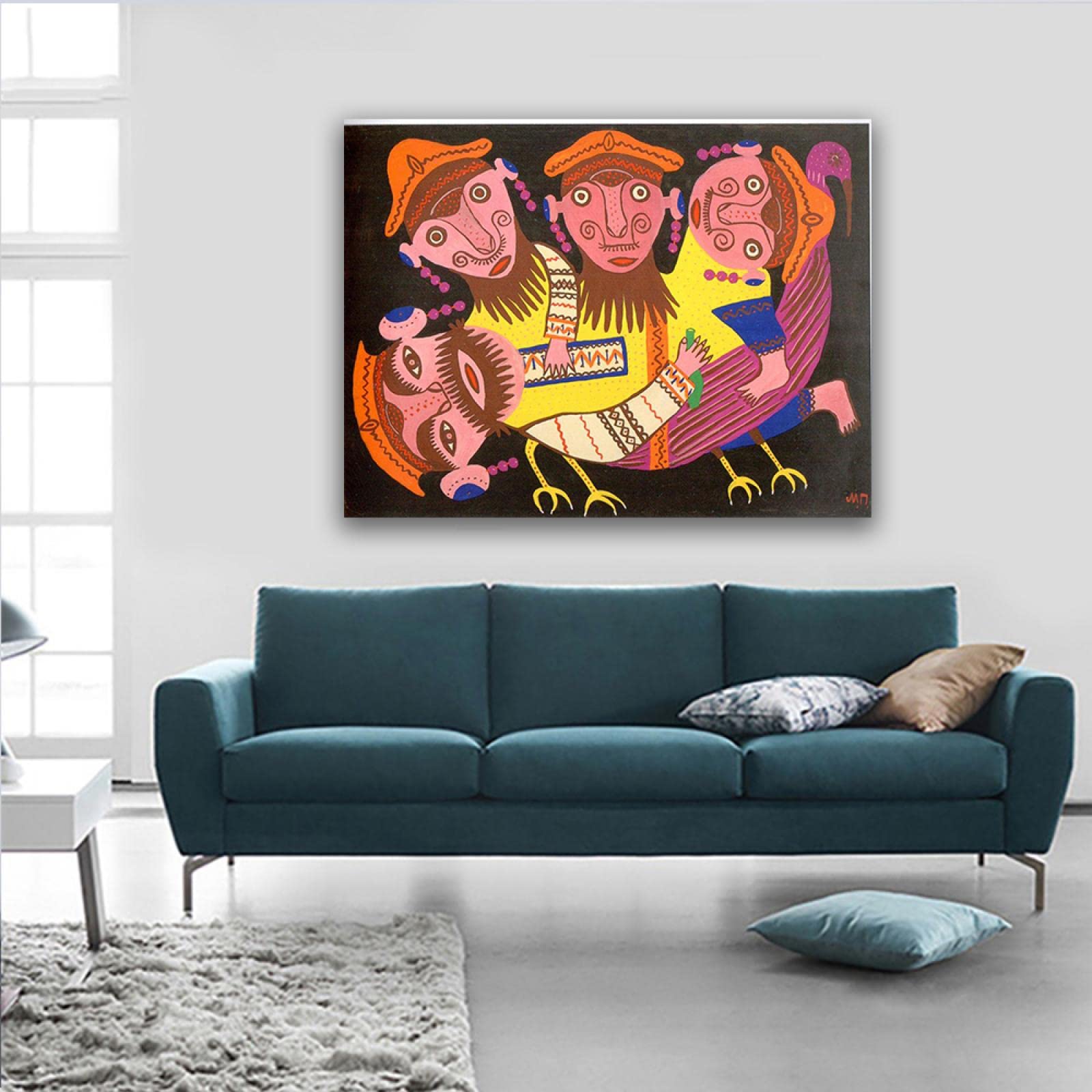 Oprawiona Maria Primachenko Wydruki słynny obraz na płótnie gotowy do powieszenia płótno sztuka ścienna obrazy do dekoracji salonu (cztery i jadące na ptaku), 20 x 28 cm oprawiony