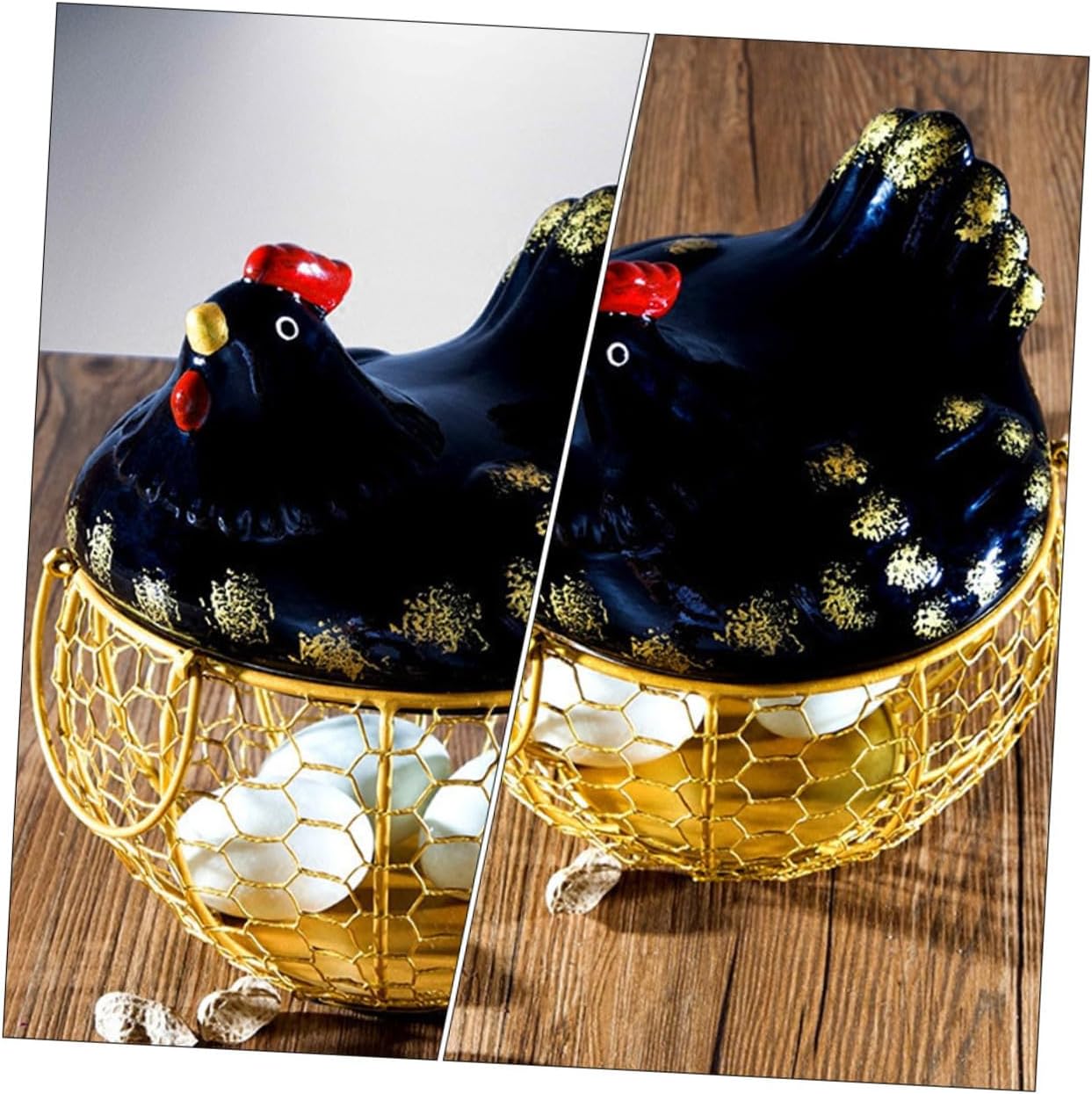 FAVOMOTO Rustic Iron Egg Basket with Lid Black and Gold Wire Egg Holder for Kitchen Storage and Fruit Basket for Countertop Organization
