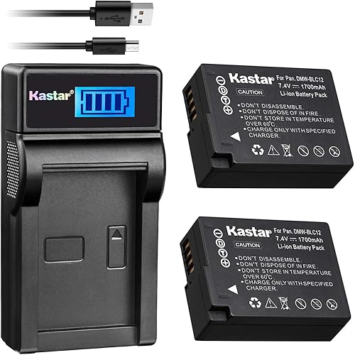Kastar Batería (X2) y cargador USB delgado LCD de repuesto para cámaras digitales Panasonic DMW-BLC12, DMW-BLC12E, DMW-BLC12PP y Panasonic Lumix