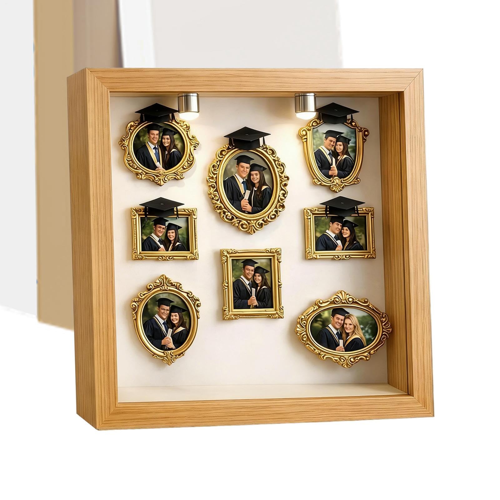 Colección de marcos de fotos pequeños dorados estilo silueta de museo y vitrina de memoria