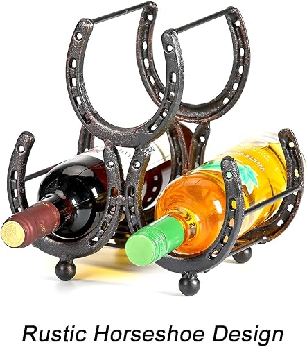 Miniatura 4 de Estante de vino de herradura de hierro, soporte para vino de 3 botellas para encimera independiente, bronce oscuro..