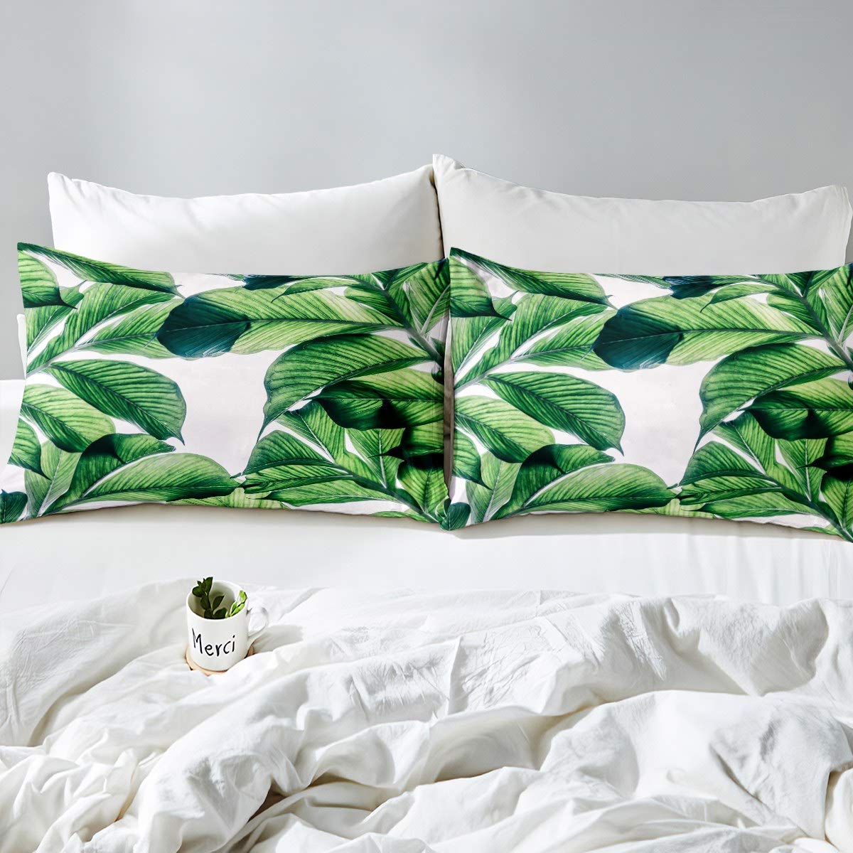 MUGINYU Set Biancheria Da Letto Matrimoniale Con Foglie Verdi E Oro | Copripiumino Queen In Microfibra Morbida, Stampa Botanica Tropicale 3 Pezzi