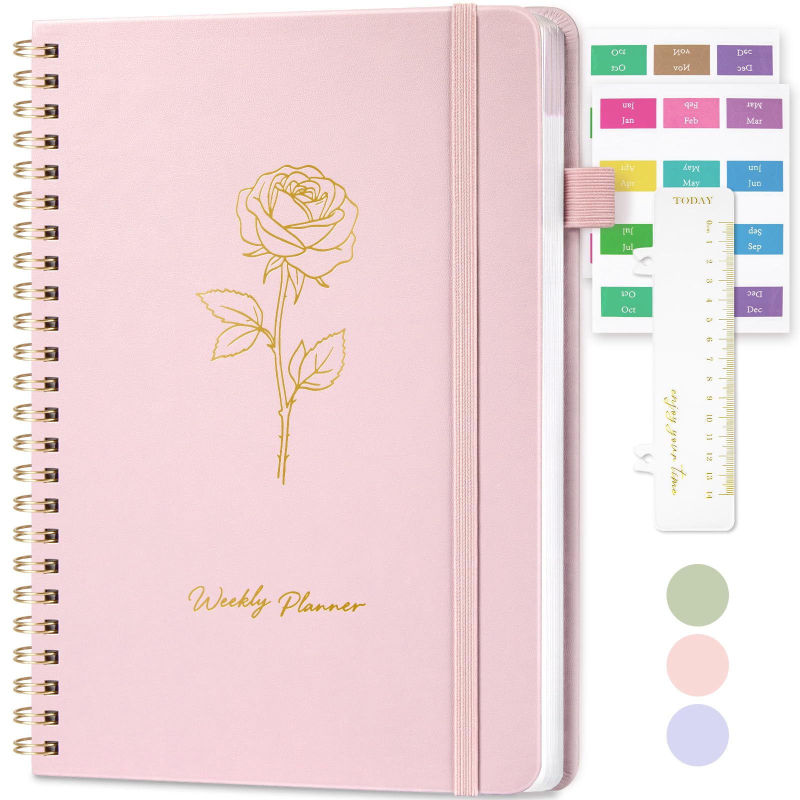 Umriox Undated Planner - A5 Weekly Planner Notebook, Weekly Journals for Study, Work, Fitness,52 Weeks Planning with 24 Self-Adhesive Tabs, Hardcover, 14.5x21cm - Pink