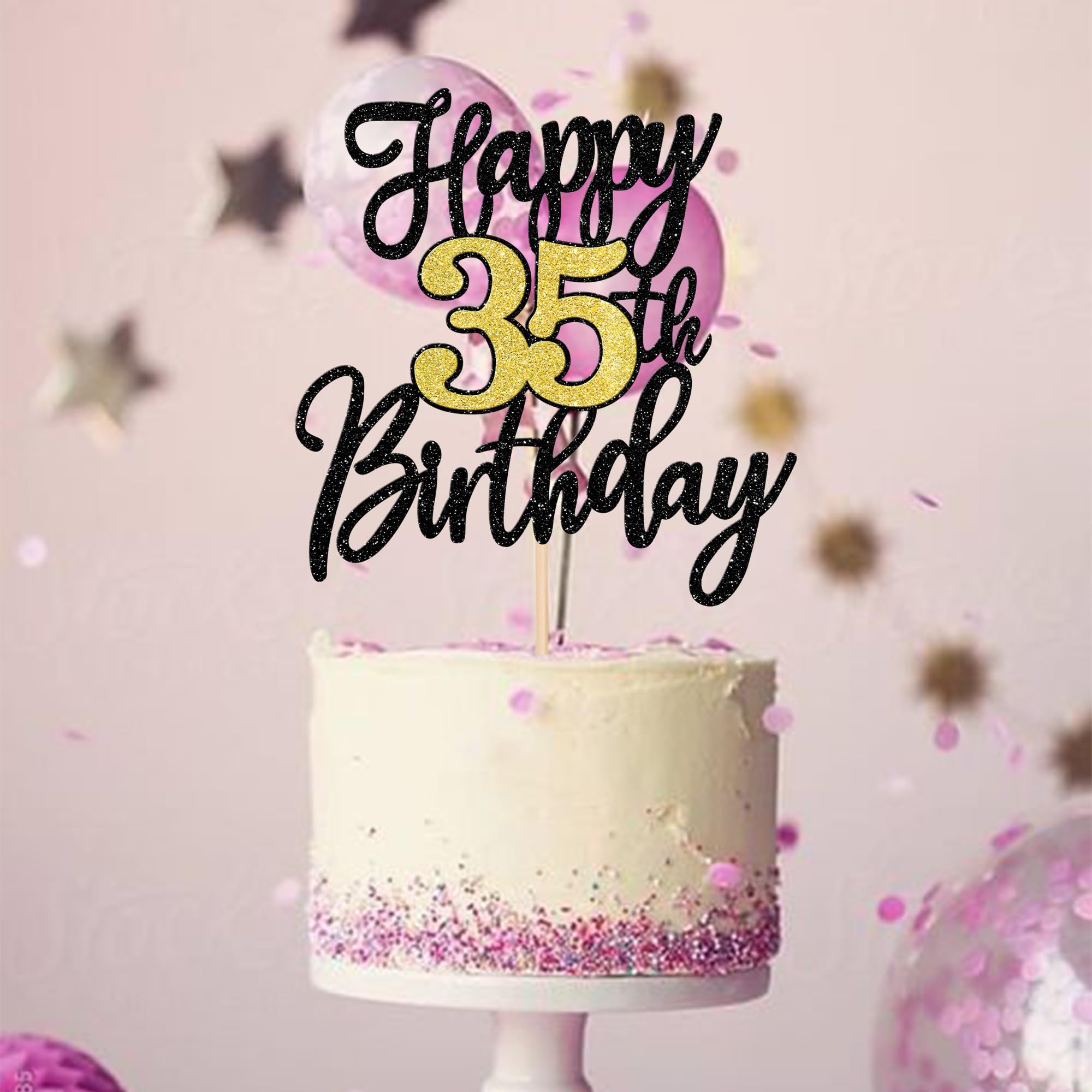 1 PCS Happy 35th Birthday Cake Topper Black Gold Glitter Cheers to 35 Years Birthday Cake Pick 35 Fabulous Cake Decoration for Happy 35th Birthday Anniversary Party Decorations Supplies 2