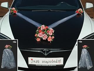 Autoschmuck Spitze STRAUß Auto Schmuck Braut Paar Rose Deko Dekoration Hochzeit Car Auto Wedding Deko PKW (SS Mix Rosa)