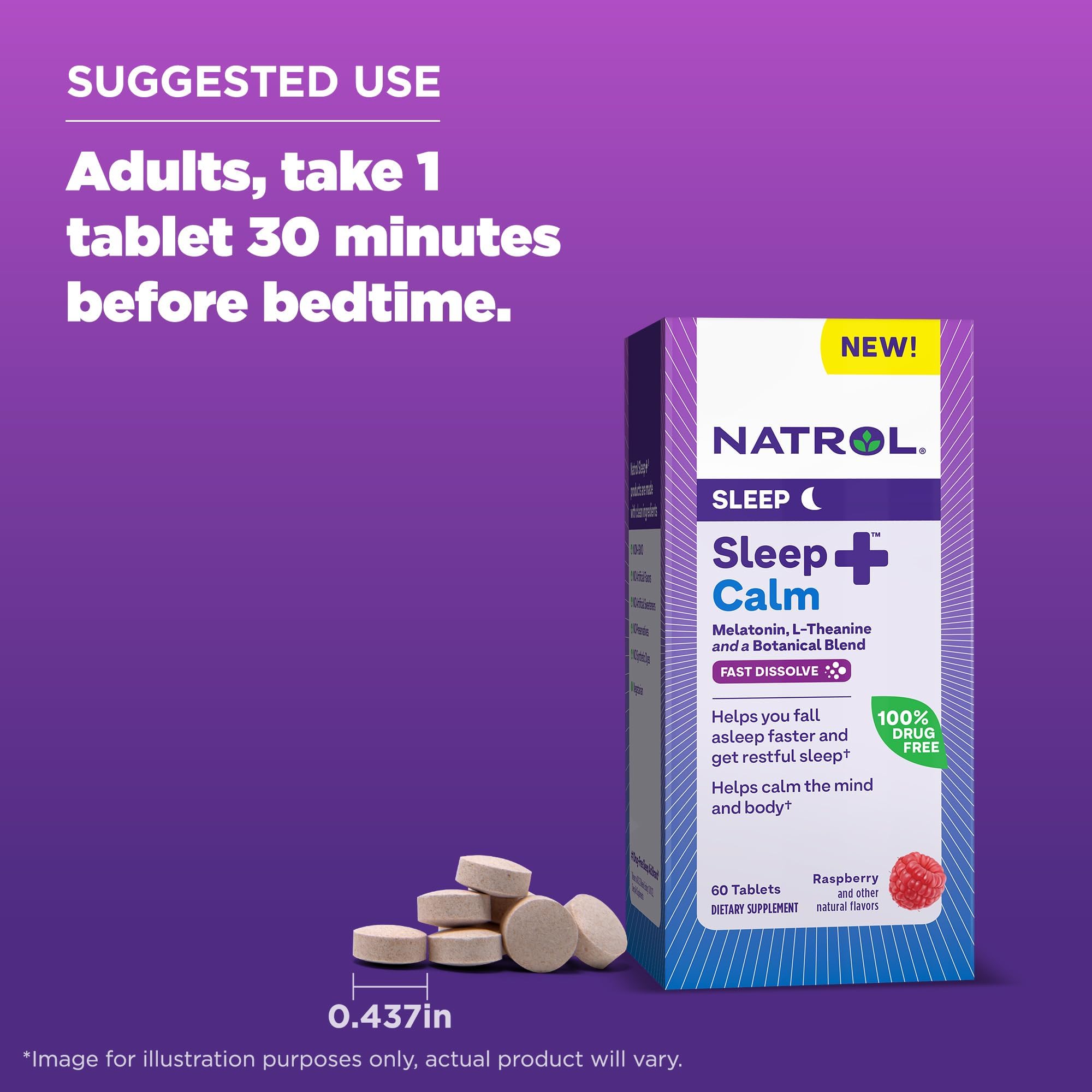 Natrol Sleep + Calm Melatonin 6mg with L-Theanine 50mg and a Botanical Blend, Dietary Supplement for Restful Sleep and a Calm Mind and Body, 60 Raspberry-Flavored Fast Dissolve Tablets, 60 Day Supply