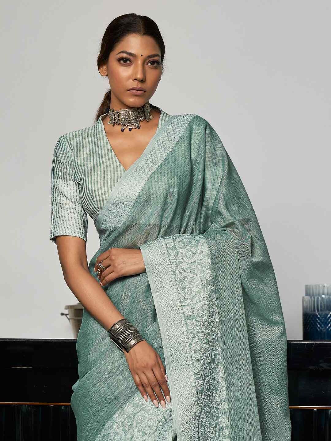 Shiv Textiles Women's Linen Woven Saree(AUS-SWLIN1001-RAMA) 1