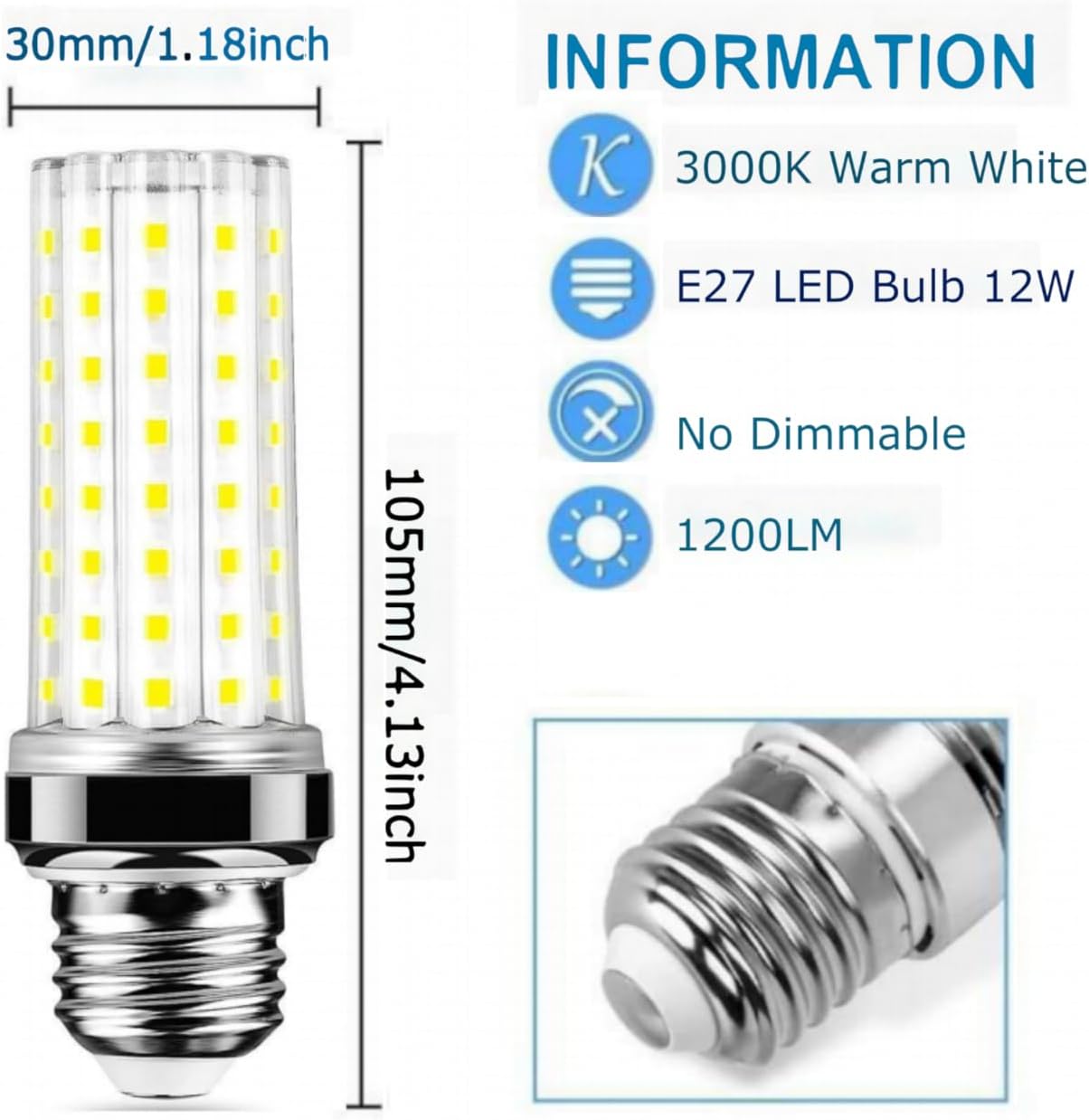 12W LED Corn Light Bulb - Equivalent 100W Incandescent, 1200LM, E26 Base Warm White 3000K Non-Dimmable, 4-Pack