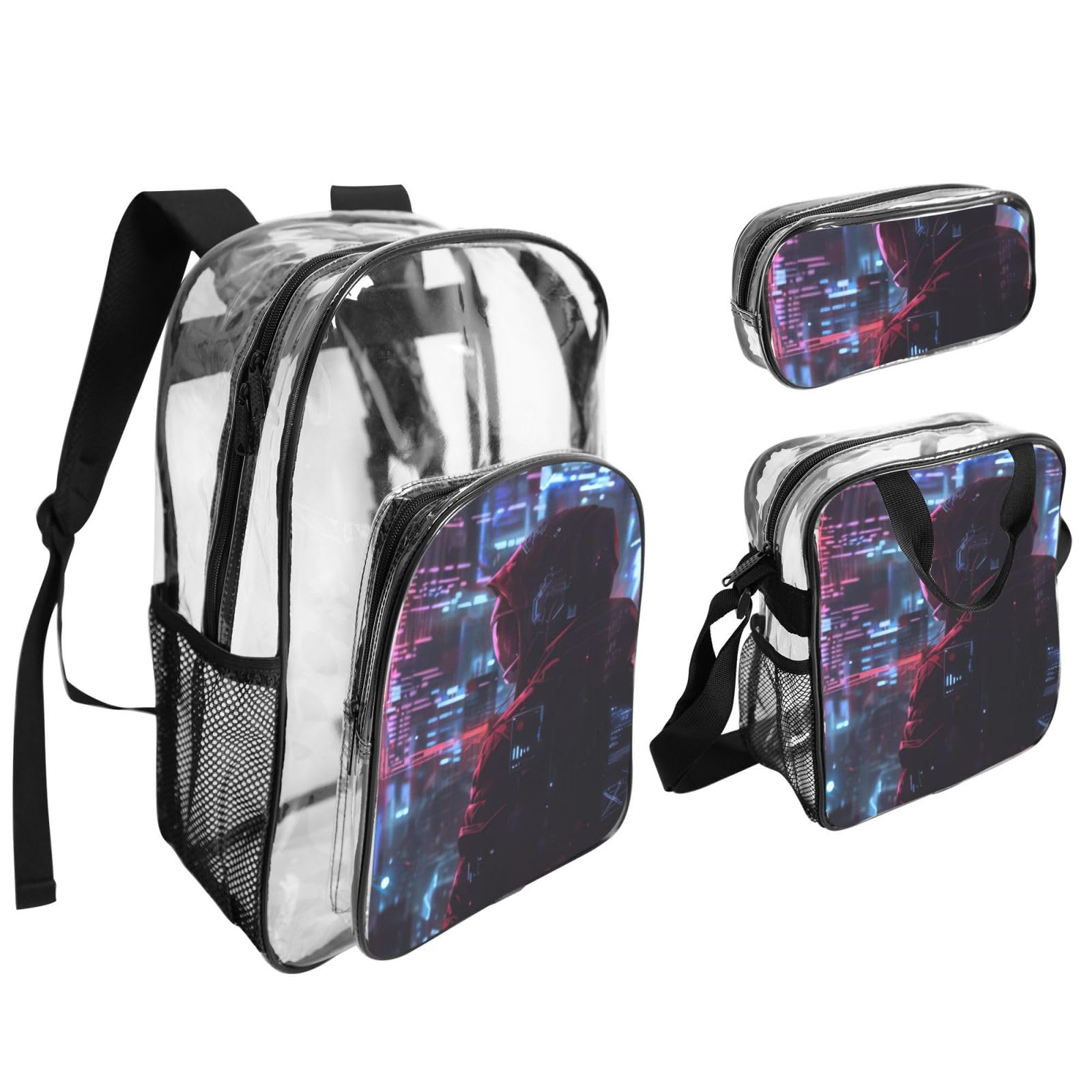 Hacker Era Print 3-teiliges transparentes Rucksack-Set für Reisen, Outdoor-Abenteuer, Urlaub, transparente Tasche