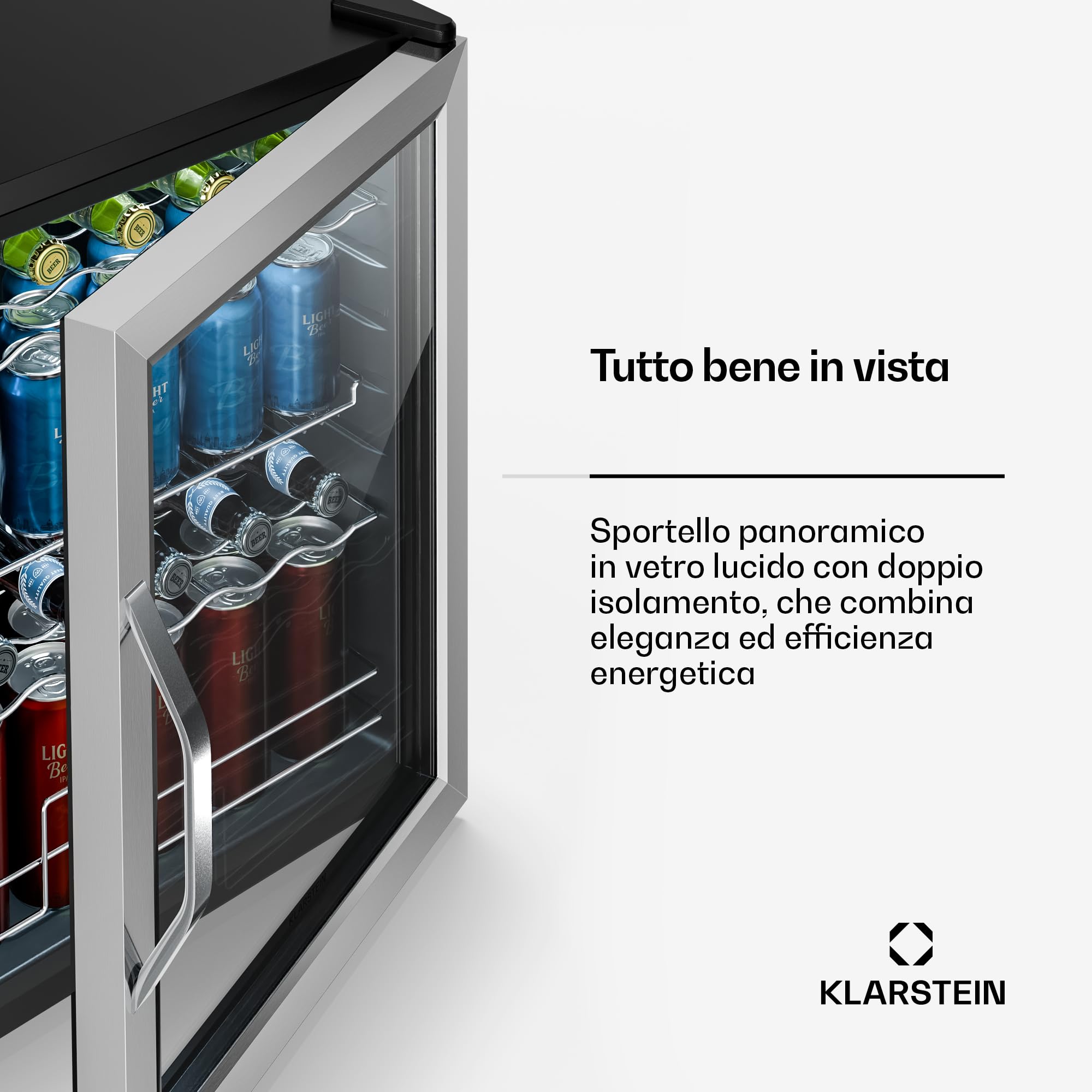 KLARSTEIN Frigo Vetrina Bibite 60L - Porta in Vetro Doppio Isolamento, LED, 0-13°C, 3 Ripiani Regolabili, Frigorifero Vetrina Bibite, Temperatura Precisa, Design Moderno