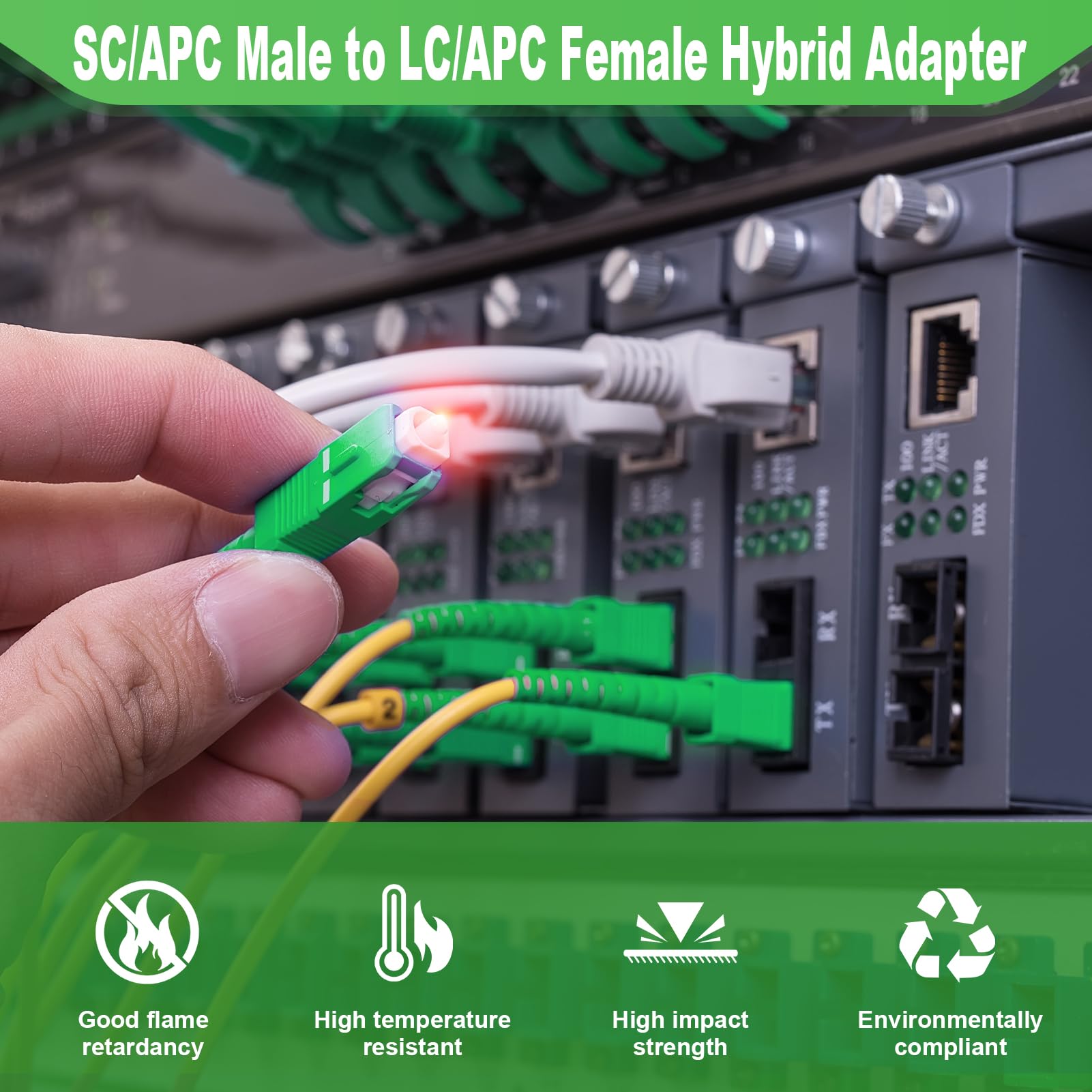 Adattatore Fibra Ottica SC/APC Maschio a LC/APC Femmina, Accoppiatore Ibrido Verde, Adattatore per Conversione Interfacce, Compatibile con Pannelli di Permutazione, Cavi Ottici, Catv