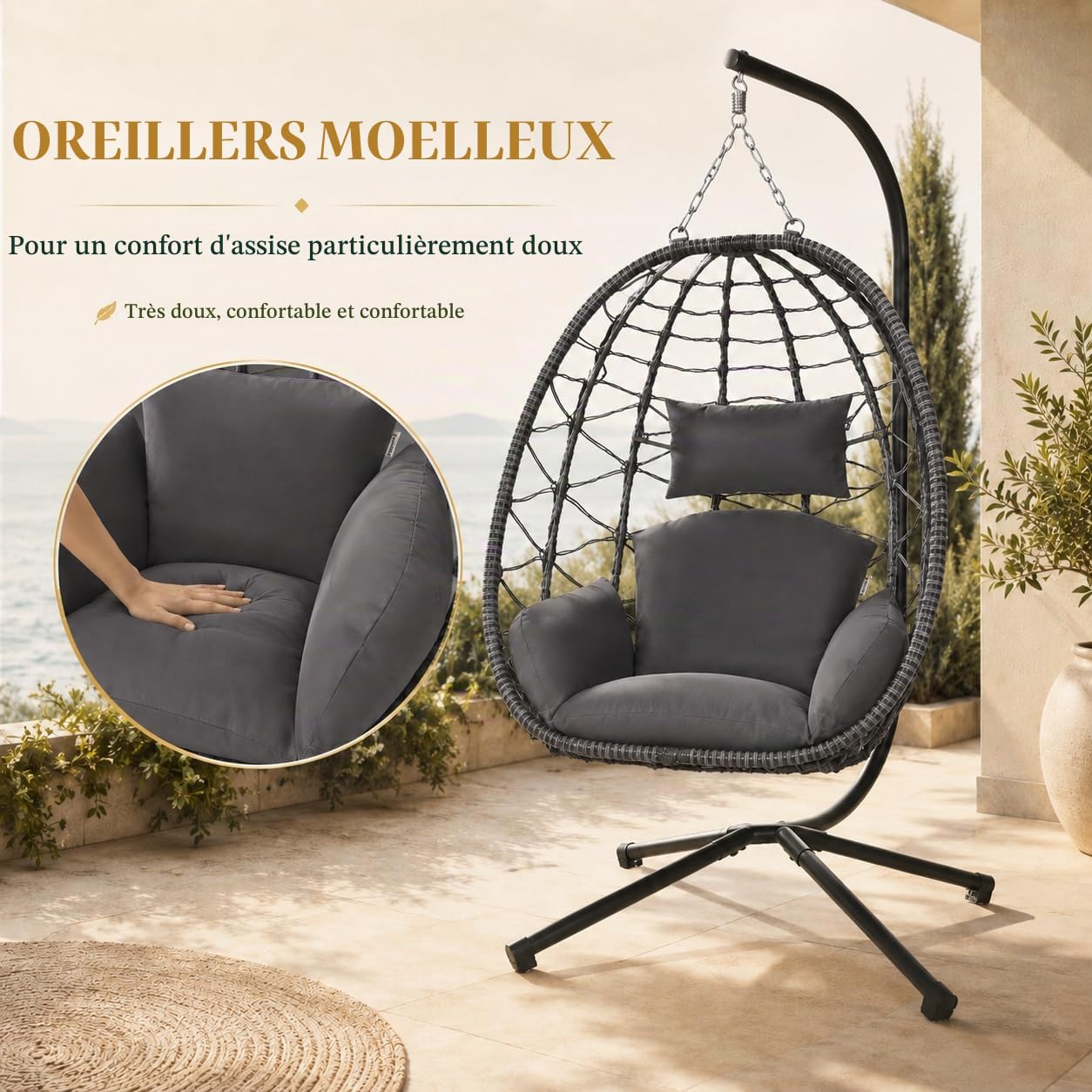 Fauteuil Suspendu avec Armature Coussins pour l'intérieur et l'extérieur - Balançoire Suspendue Rotin Base Robuste Jusqu'à 150 kg Hauteur Réglable - pour Salon, Balcon, Terrasse en Gris