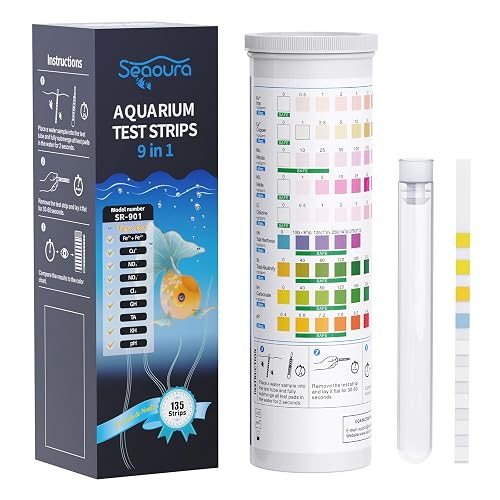 SEAOURA 9-in-1 Aquarium Test Strips 135ct, Freshwater Saltwater Fish Tank Pond Water Testing Kit for pH, Nitrate, Nitrite