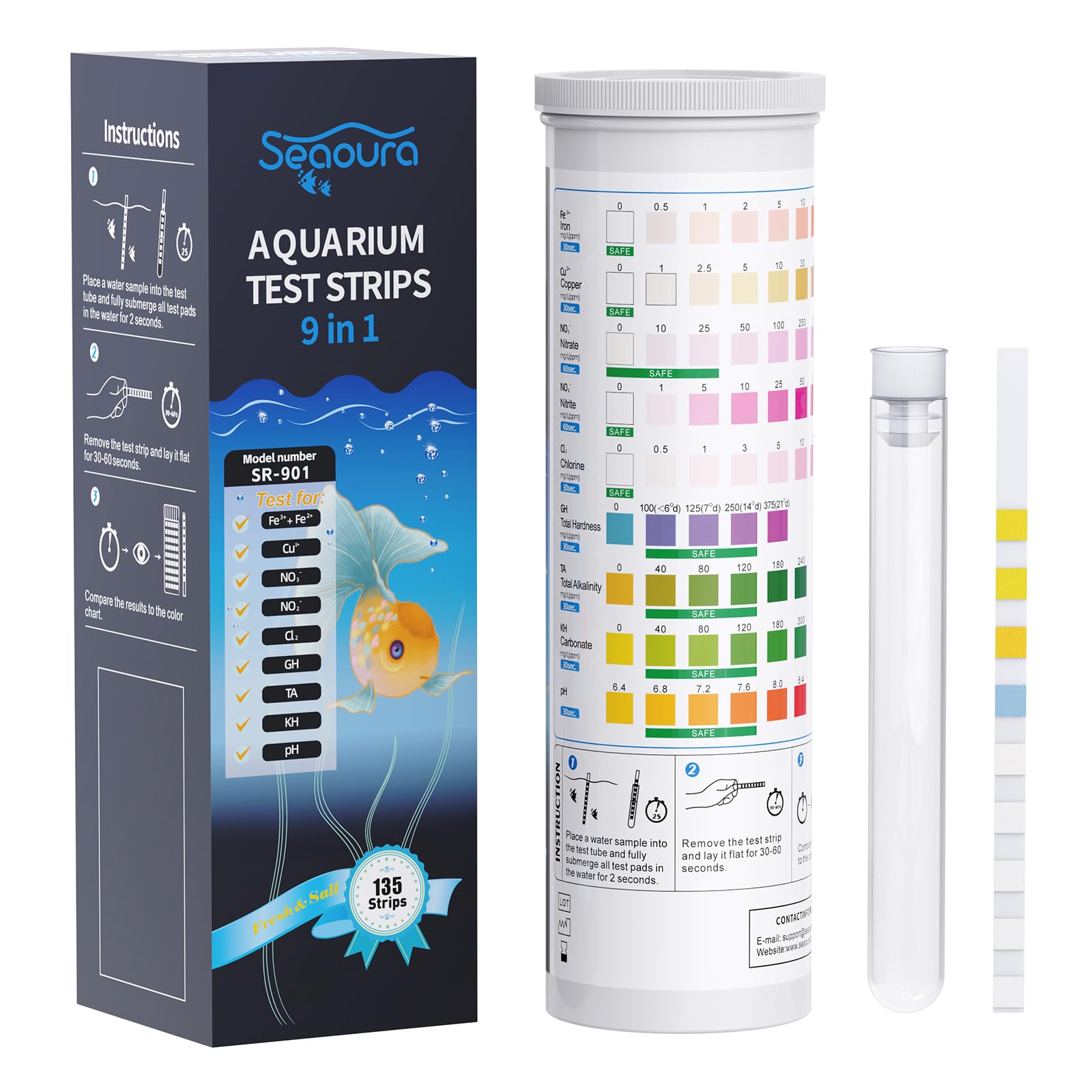 SEAOURA 9-in-1 Aquarium Test Kit for Fish Tanks - 135 Strips Water Testing Strips for Aquariums & Ponds Accurate Testing Iron，Copper，Nitrate，Nitrite，Chlorine，Hardness，Alkalinity，Carbonate，pH