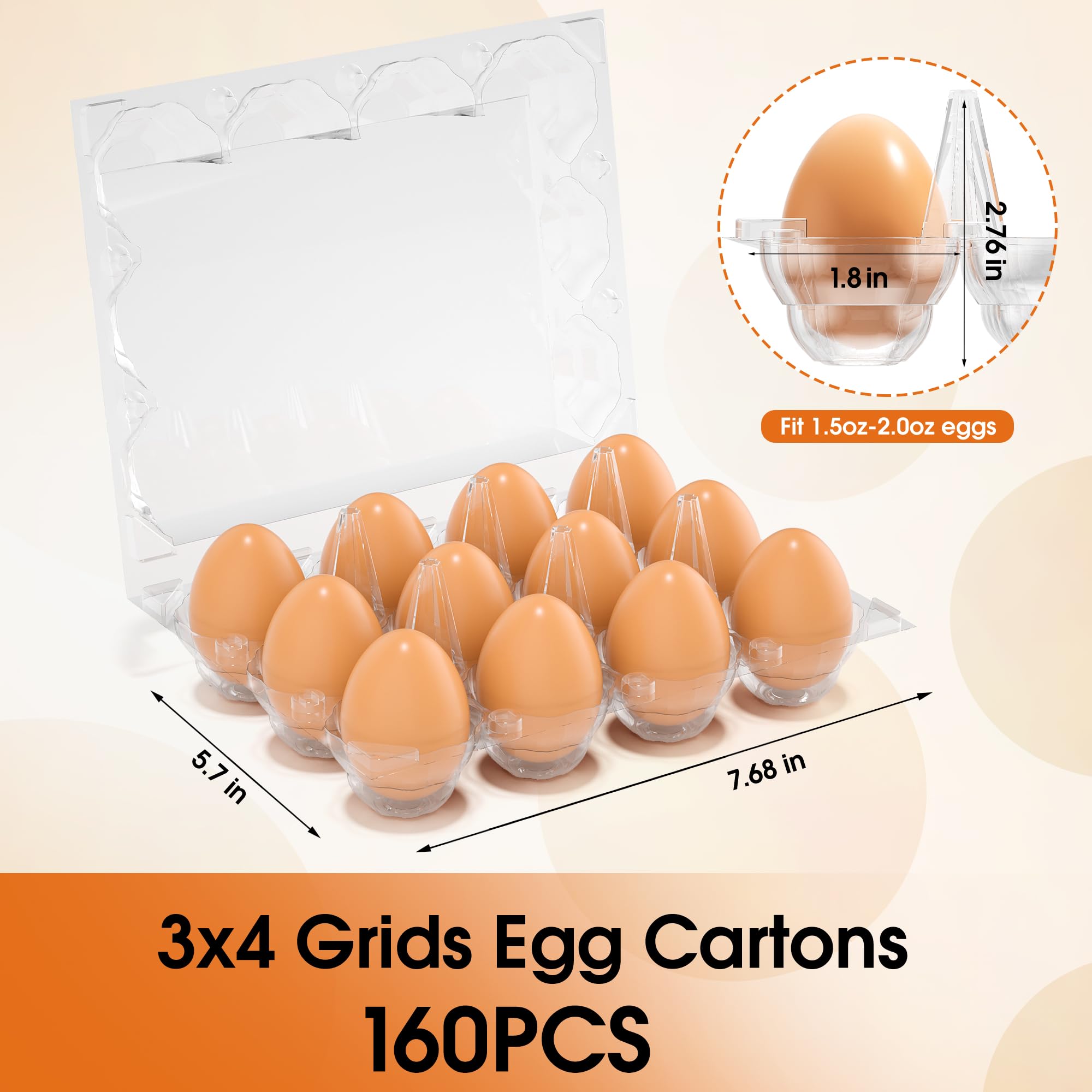 Paquete de 160 cajas de huevos de plástico a granel, 12 recipientes transparentes para huevos de gallina frescos, bandejas de huevos de refrigerador de 3 x 4 rejillas para almacenamiento en