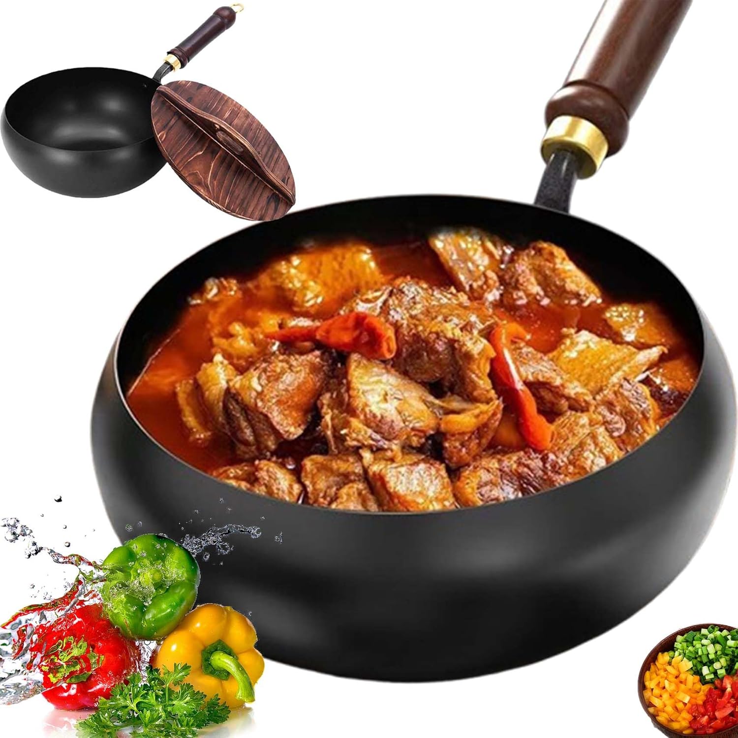 2026 New Japanese Cast Iron Pan Cookware,Uncoated Iron Pan,Hand-Forged Non-Stick Iron Pan Without Coating Durable For Cooking,Round Bottom Wok With Lid (Hammer-Glass Cover,9.5in)