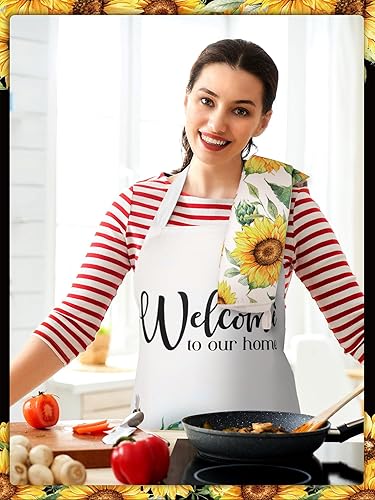 Miniatura 2 de Bencailor 6 piezas delantal de cocina de gnomo de abeja de girasol y toallas, decoración de cocina de primavera, impermeable, regalos de verano