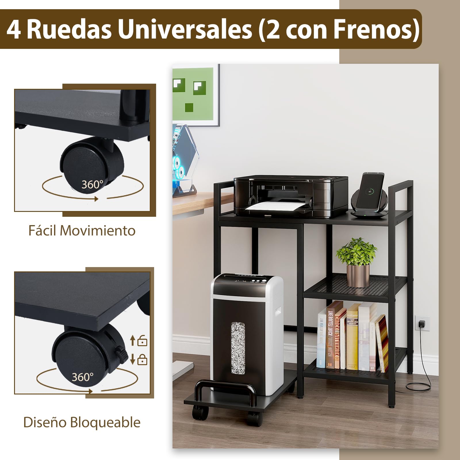 GIANTEX Mesa para Impresora con Enchufes, Mesa Auxiliar 3 Niveles con Estante Móvil con Ruedas, 63,5 x 40 x 72 cm, Soporte para Impresora para Oficina, Dormitorio, Salón (Negro)