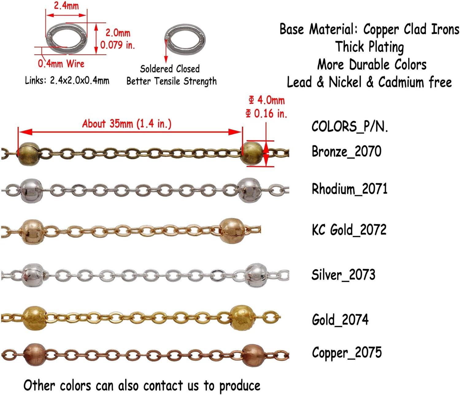 THREENEST 32-Feet Copper Satellite Chains with Beads for Jewelry Making Set, with 20 Lobster Clasps+50 Jump Rings, Cable Link Craft Chain Findings for Necklace Bracelet DIY (Copper_2075-B) - Image 2