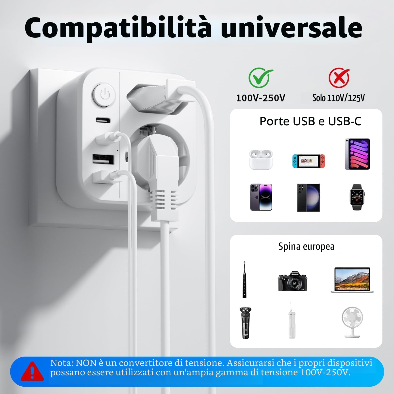 Adattatore Presa Giapponese Italiana 6 in 1 2500W Tipo A con 4 USB Viaggio Giappone