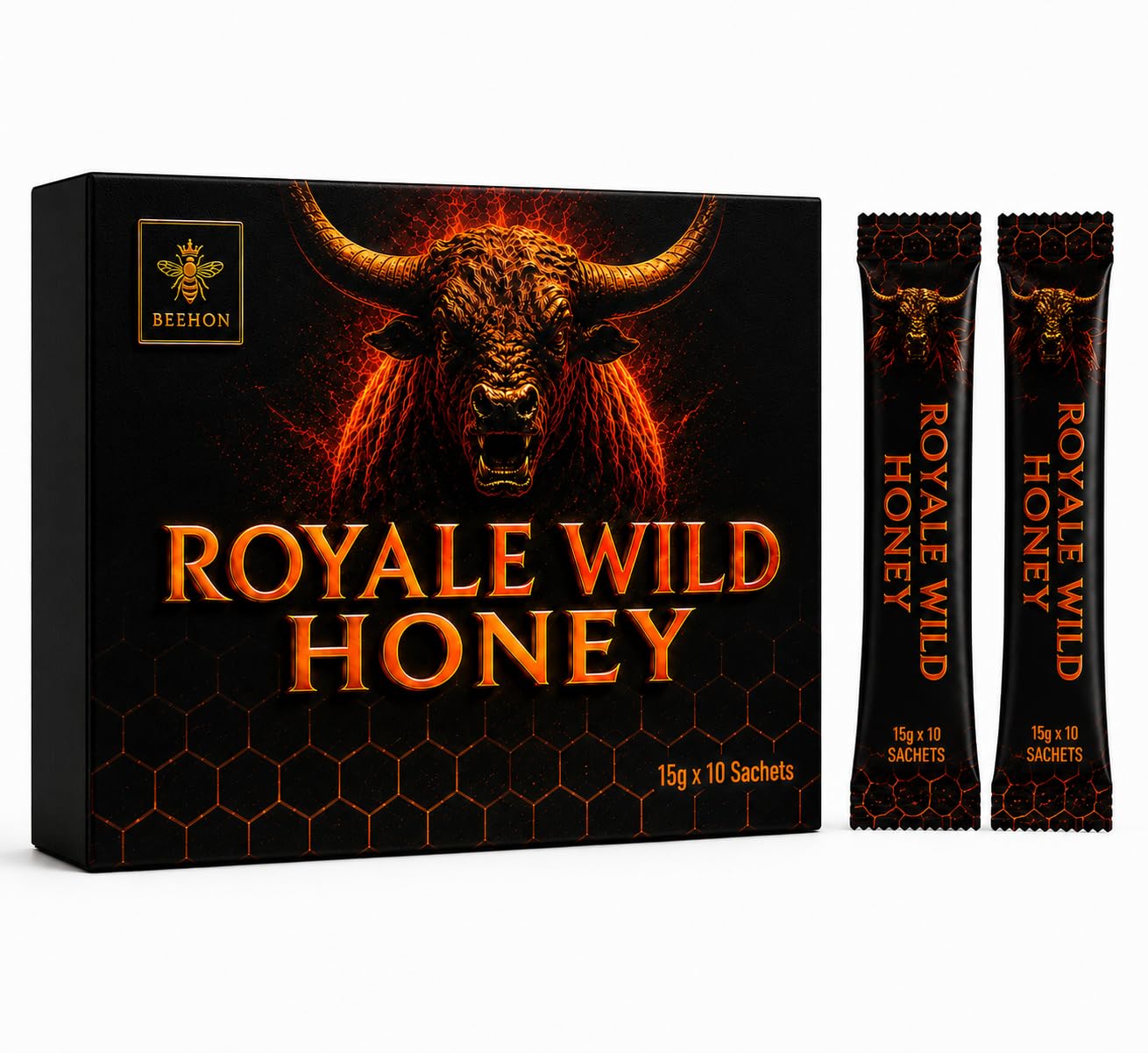 Beehon Miel en Sticks 100% Naturel – 10 Sachets Individuels x 15g – Ginseng, Gingembre Noir, Maca x 15g – Produit Alimentaire à Base de Miel et Extraits Végétaux