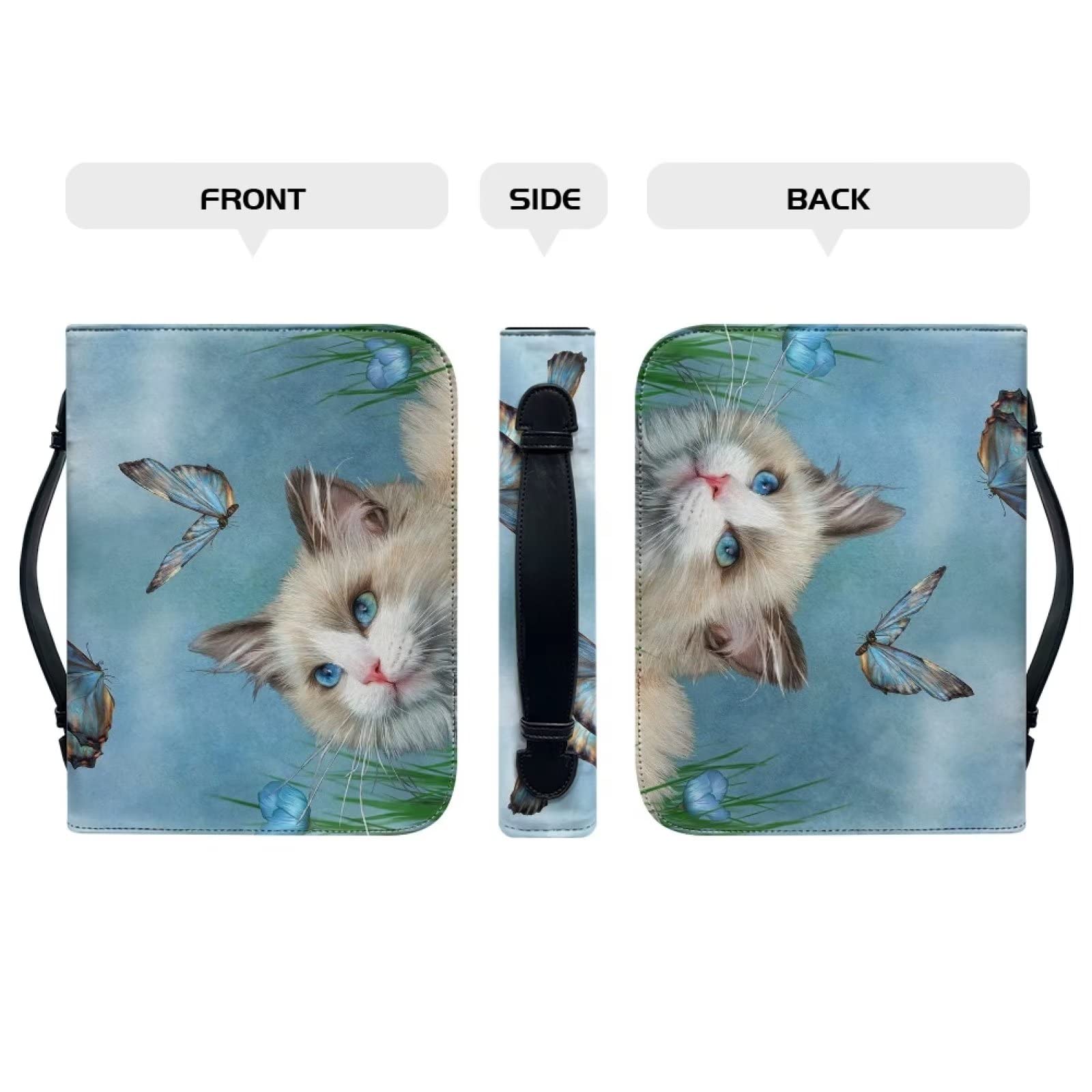 COEQINE Muppet Cat Print Leather Bible Cover, Waterproof Cut Cat Butterfly Print Church Bag Book Case Bag for Women Size M - Image 3