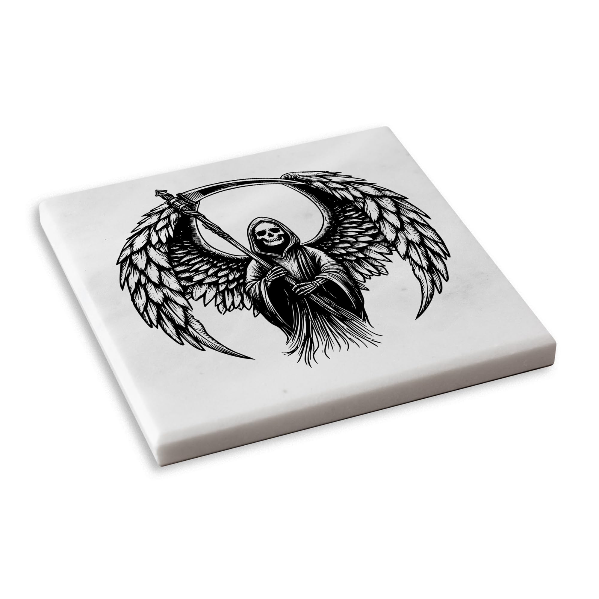 Grim Reaper Marble Coaster Spooky Decor for Halloween Horror Aesthetic Gift Idea (Grey)