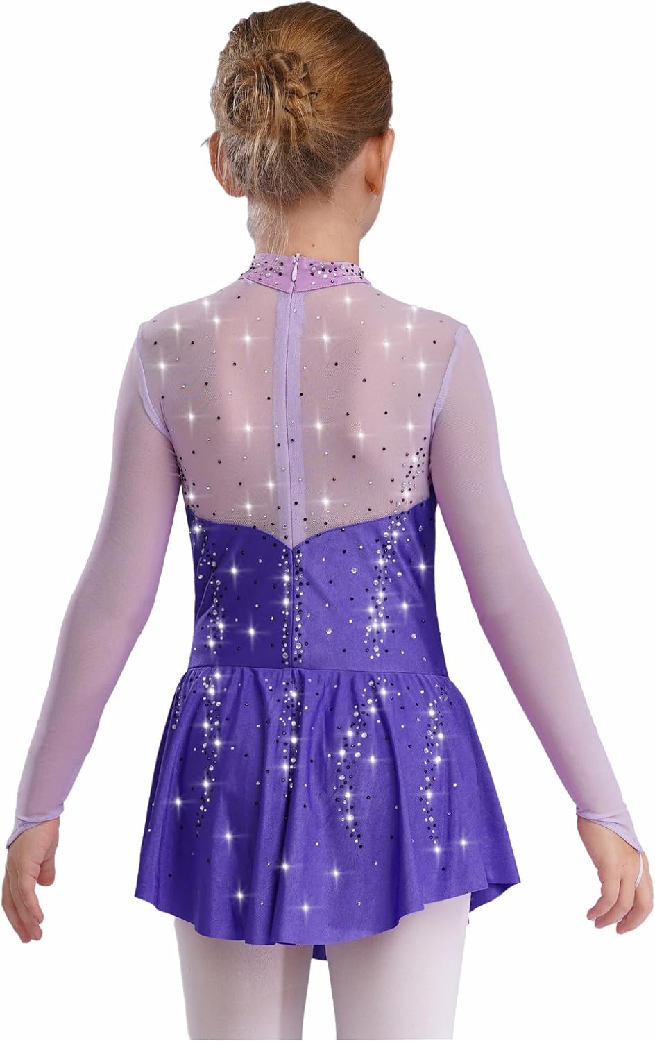 Oyolan Kids Girls Sparkly Rhinestone Figure Ice Skating Dress Long Sleeve Ballet Dance Skirted Leotard Competition Dancewear