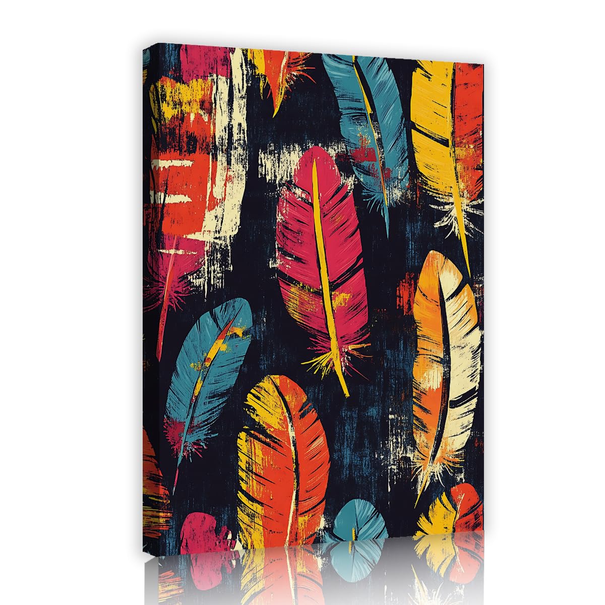 Via Vela Colorful Feathers Pattern Framed Canvas Wall Art Hallway Abstract Tribal Boho Painting Vintage Pictures Gallery Wrapped Poster for Bedroom Decor 70x105cm