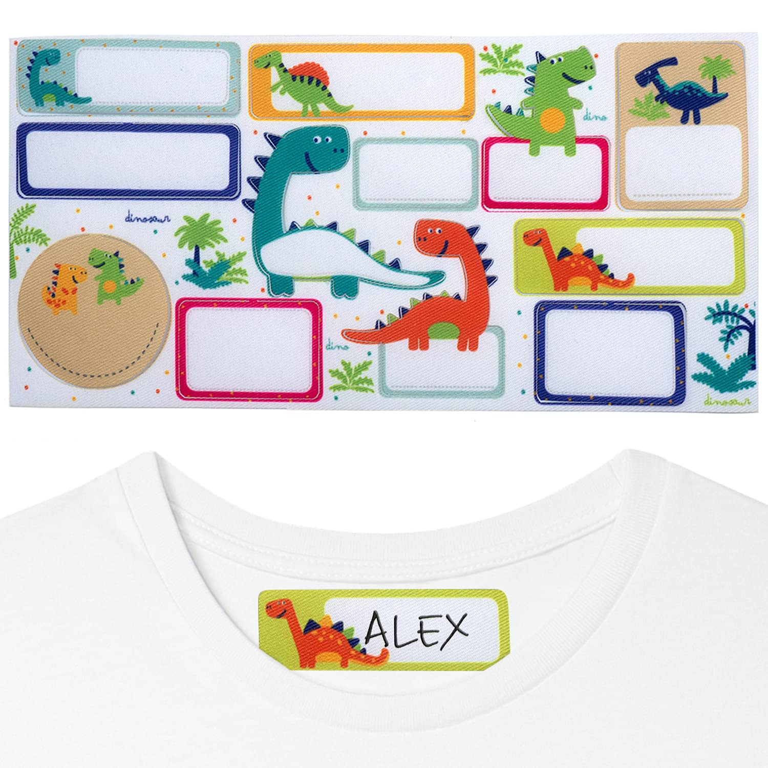 12 Etiquetas termoadhesivas con nombre para la ropa. Parches identificativos para aplicar con plancha en prendas, camisetas, pantalones, tejanos, ... Marcadores para niños, colegio y guardería