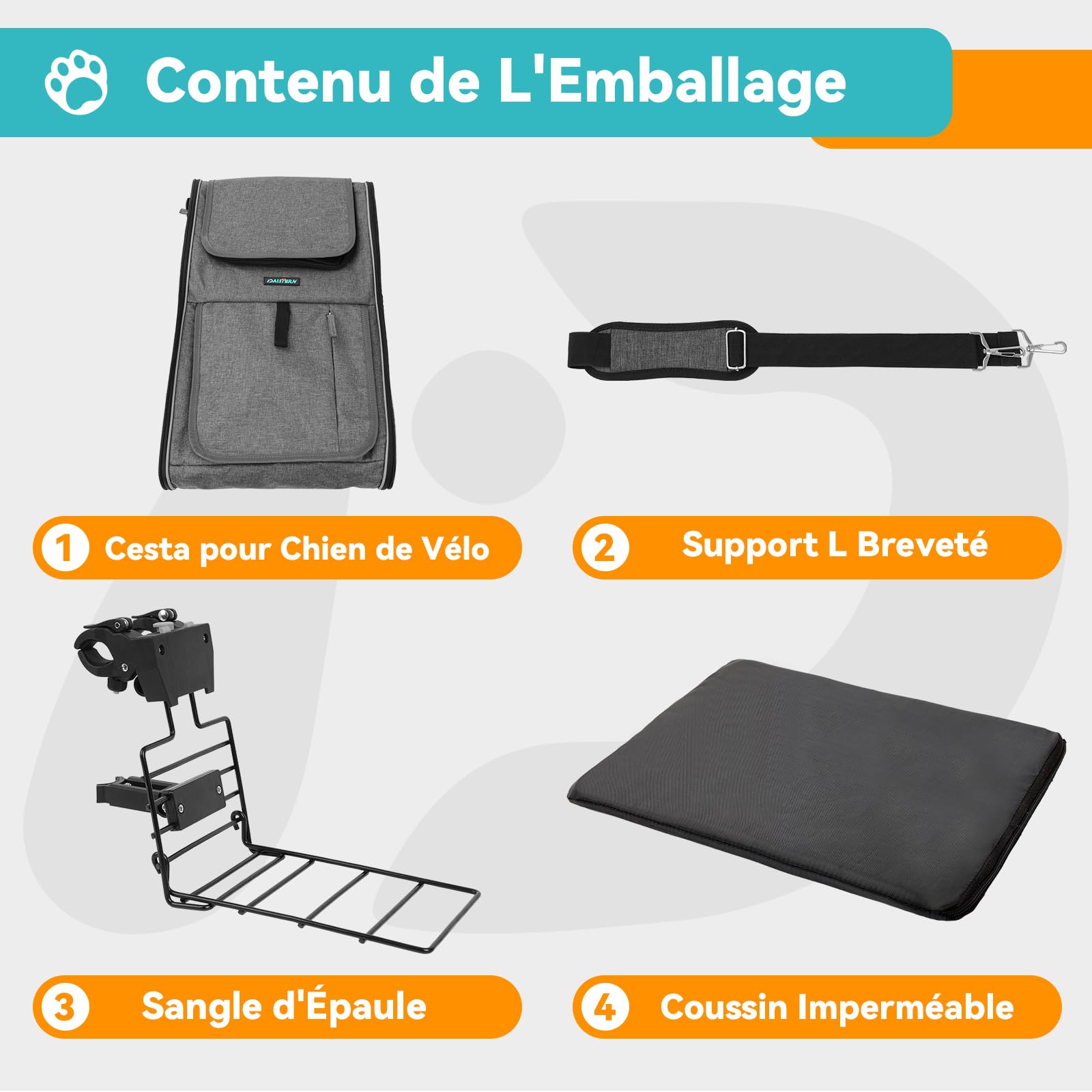 Panier de Vélo Avant pour Chiens Chats jusqu'à 10KG avec L Support Robuste Φ55mm, Sac à Dos Animaux de Compagnie, Fermeture Éclair SBS, Fenêtres en Maille Respirantes, Coussin Imperméable