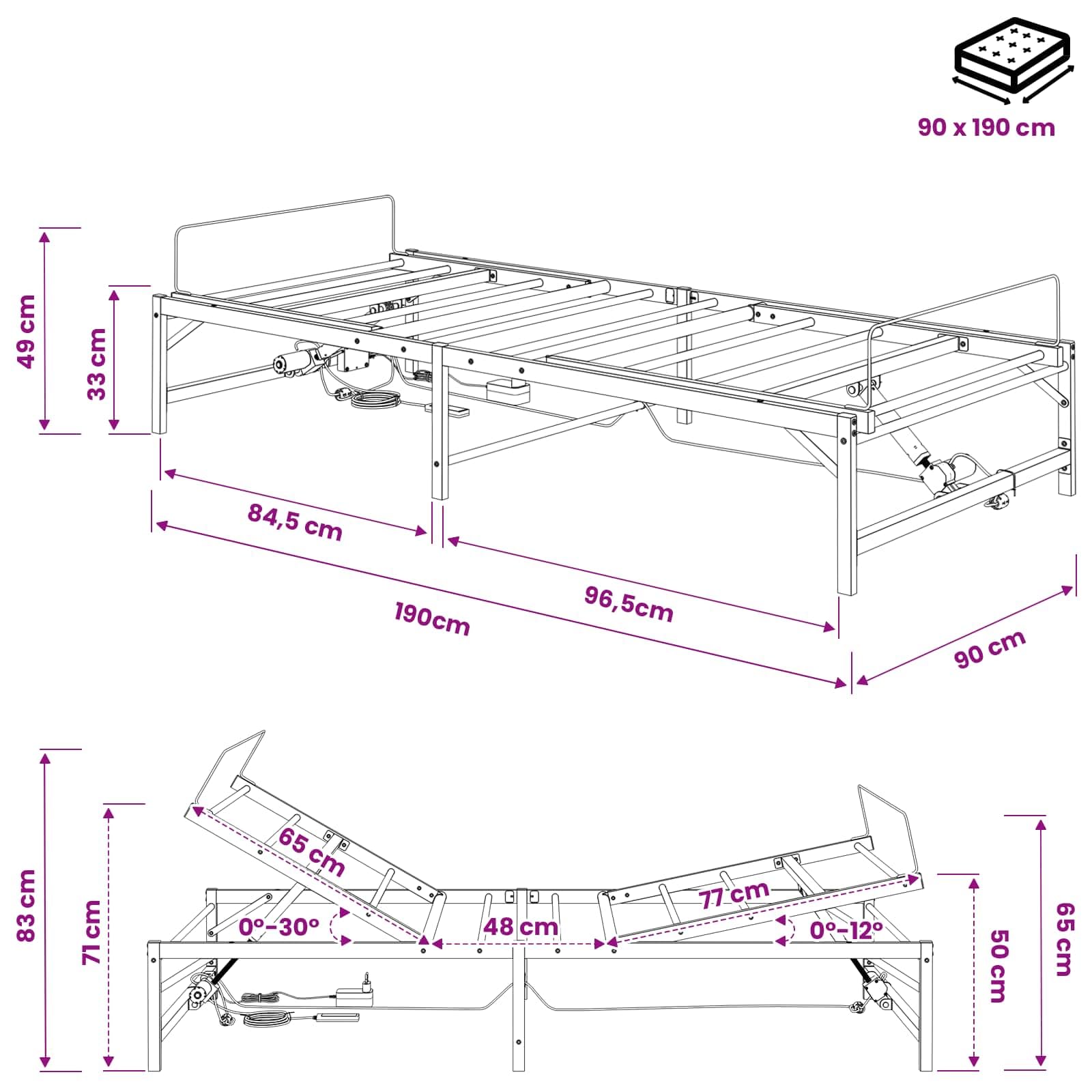 vidaXL Telaio letto elettrico regolabile (90 x 190 cm, in acciaio, telaio del letto in acciaio epossidico, telecomando, regolazione indipendente, testa e piedi), altezza e angolo regolabili