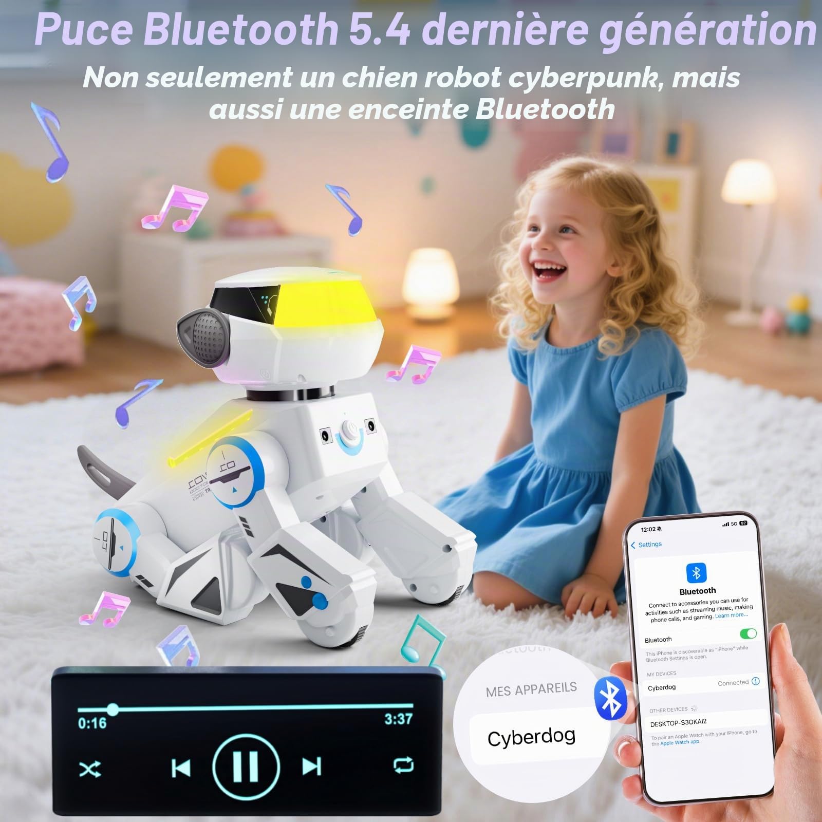VATOS Bluetooth Chien Robot pour Enfants,Chien Robot Interactif Programmable avec Yeux LED Multicolores,Chienrobot Rechargeable Chantant et Dansant avec Télécommande pour Garçons et Filles,Blanc