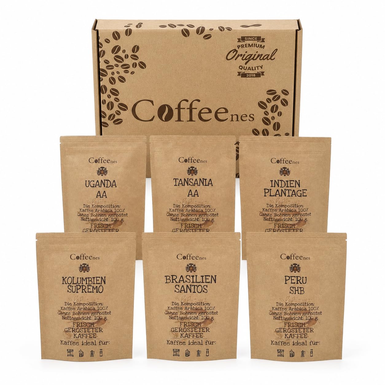 Kaffee Geschenk - Kaffeebohnen Geschenkset 6x100g Probierset Arabica für Vollautomaten | Single-Origin aus 6 Ländern, Ganze Bohnen | Geschenkidee für Kaffeeliebhaber, Männer & Frauen | Coffeenes