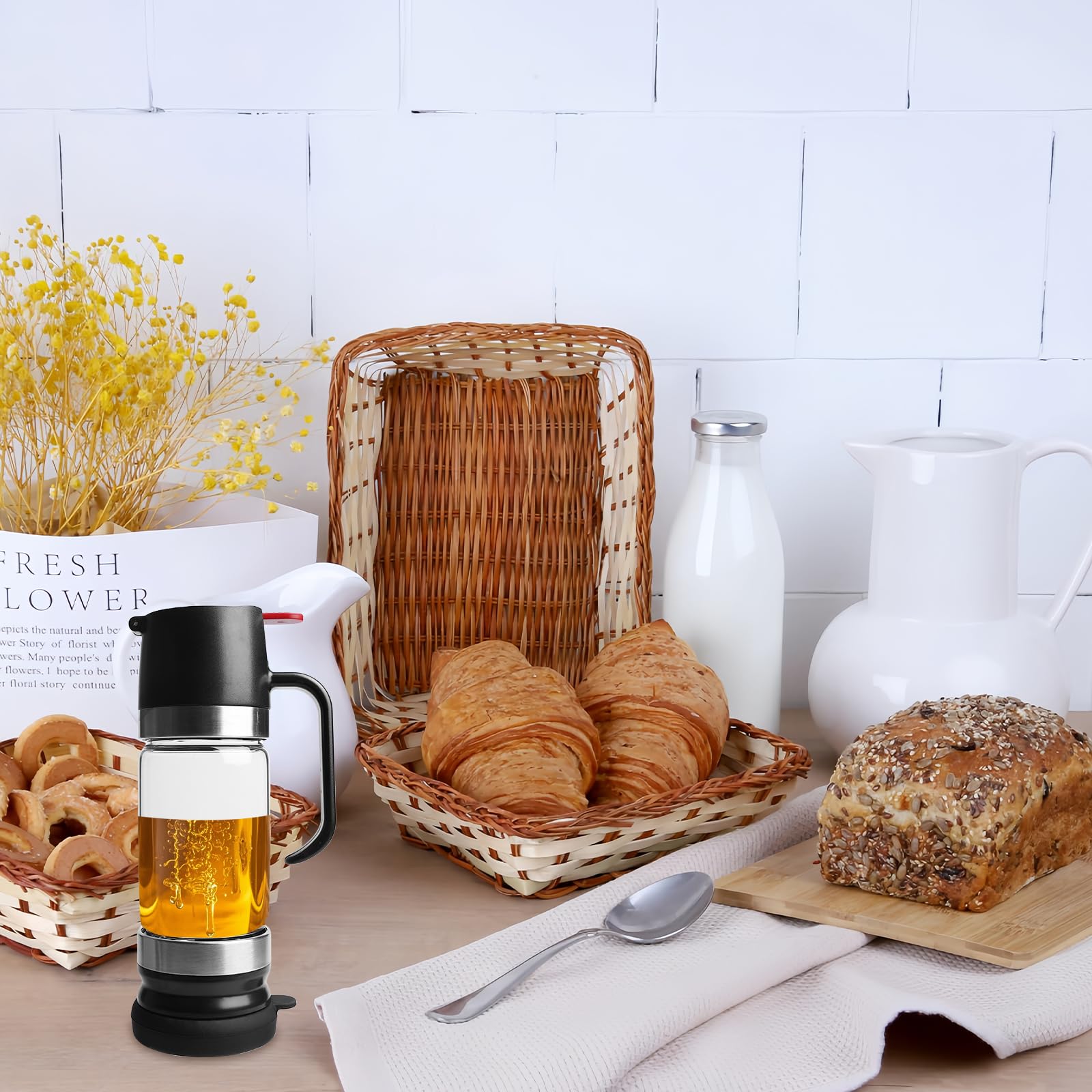 dispenser per miele senza gocciolamenti, in vetro: 300 ml, vasetto per miele con manico, erogatore per sciroppo, vasetti per miele rimovibili, vasetti per miele con coperchio superiore e