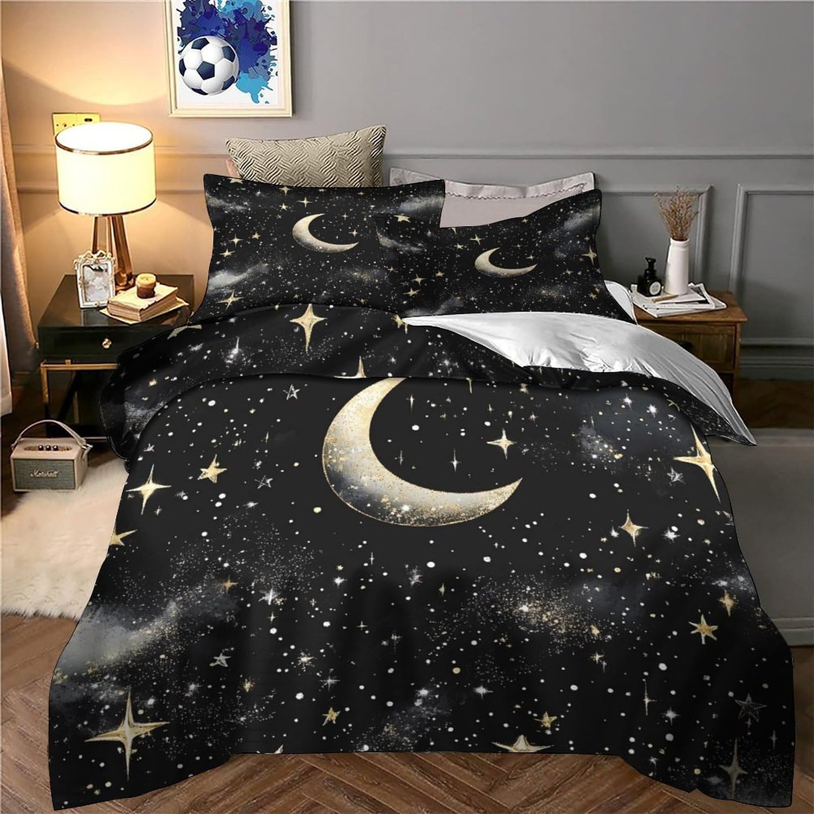 Símbolos celestiales Dorados Funda de Edredón Diseño 3D 3 Piezas Incluye Fundas de Almohada Transpirable Diseño de astrología Vintage Funda Edredon for niños y niñas King（220x240cm）