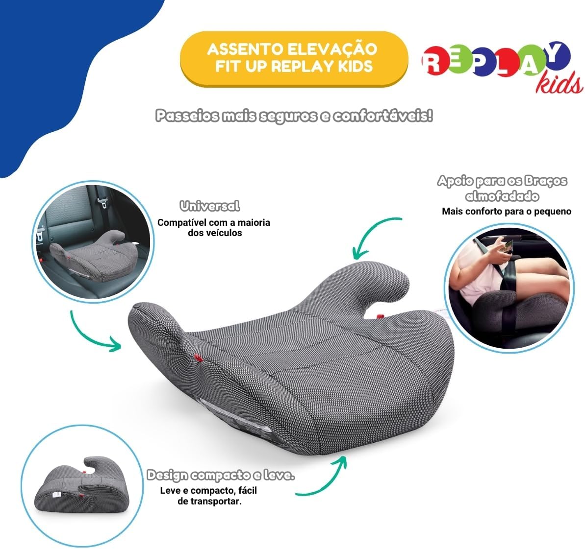 Assento De Carro Infantil Elevação Fit Up Cinza Replay Kids