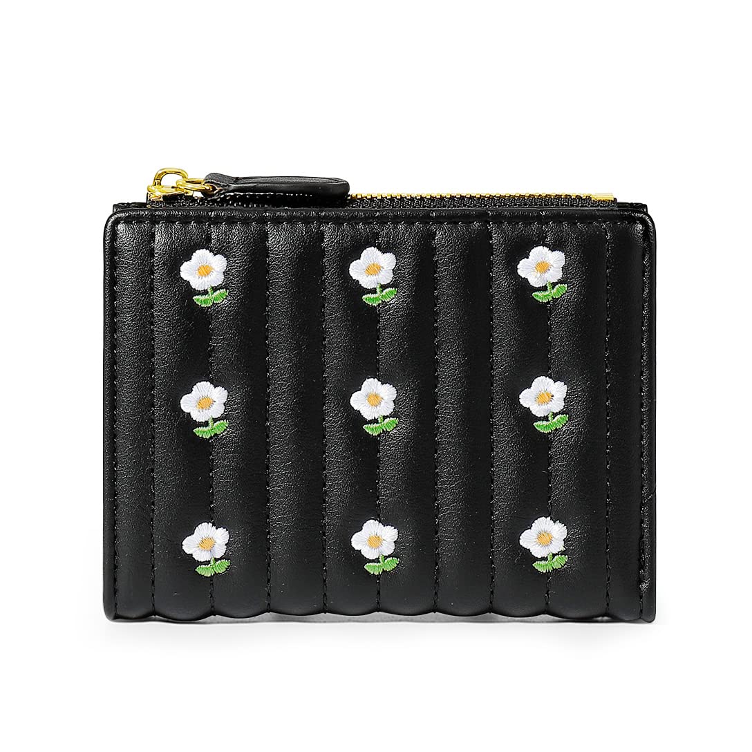 MEISEE Small Wallet for Girls Women Tri-folded Wallet Cash Pocket Card Holder Coin Purse with ID Window elegant youthful and cute- -flowers-balck