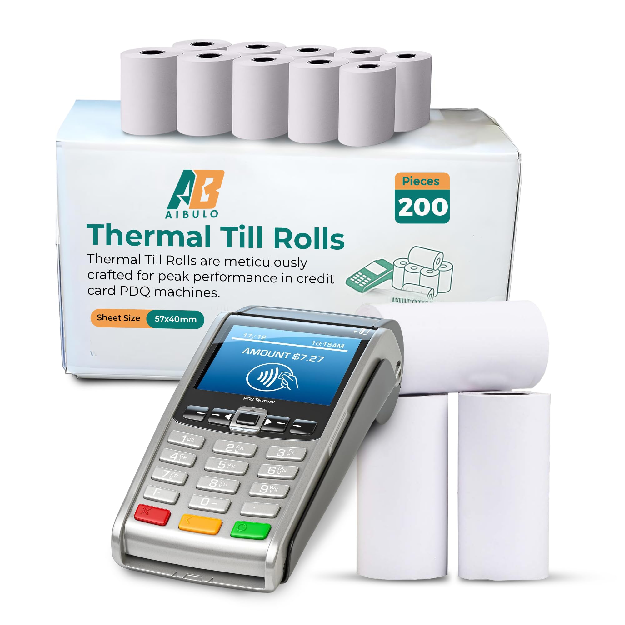 Aibulo Thermal Till Rolls 57x40mm for Credit Card Machines (200) | Compatible with PDQ, POS, EPOS, Barclaycard, Verifone, Ingenico, Sagem, Spire, Pax, Worldpay - 14m Long Each Roll