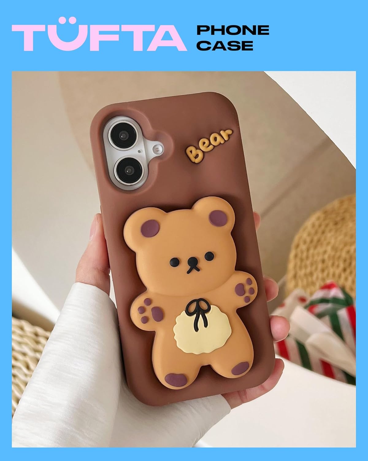 Kawaii 3D Bear Pop-Up Stand and Grip Phone Case for iPhone 16 Pro Max, Cute Cartoon Animal Phone Cover for Girls, Boys, Kids, Teens, and Women, Tan - Image 5
