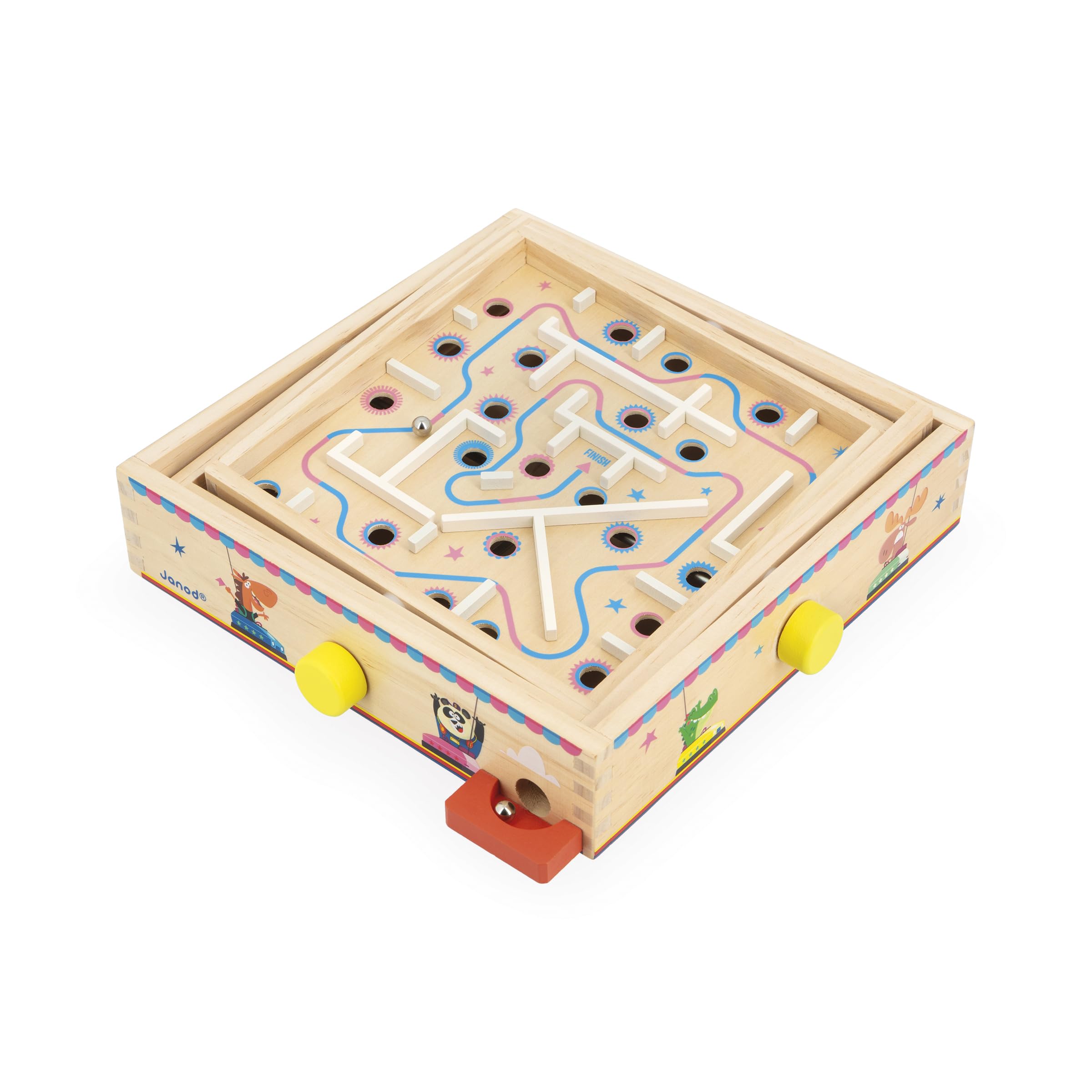 Janod, Wooden Maze Game for Children and Adults, Traditional Toy, Marble Course, 2 Metal Marbles Supplied