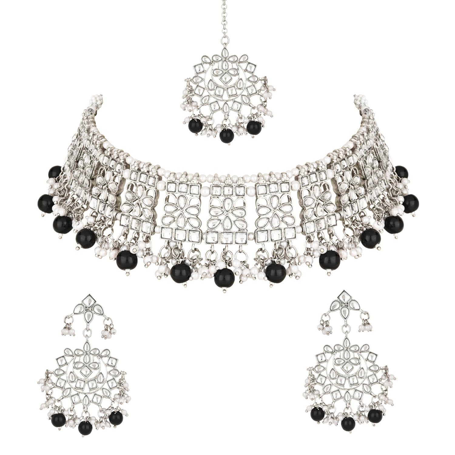 I Jewels Silver Plated Traditional Kundan & Pearl Choker Necklace Jewellery Set with Earrings & Maang Tikka For Women/Girls (K7069Z) (Black) (B0D3X4ZQPJ) Amazon Price History, Amazon Price Tracker