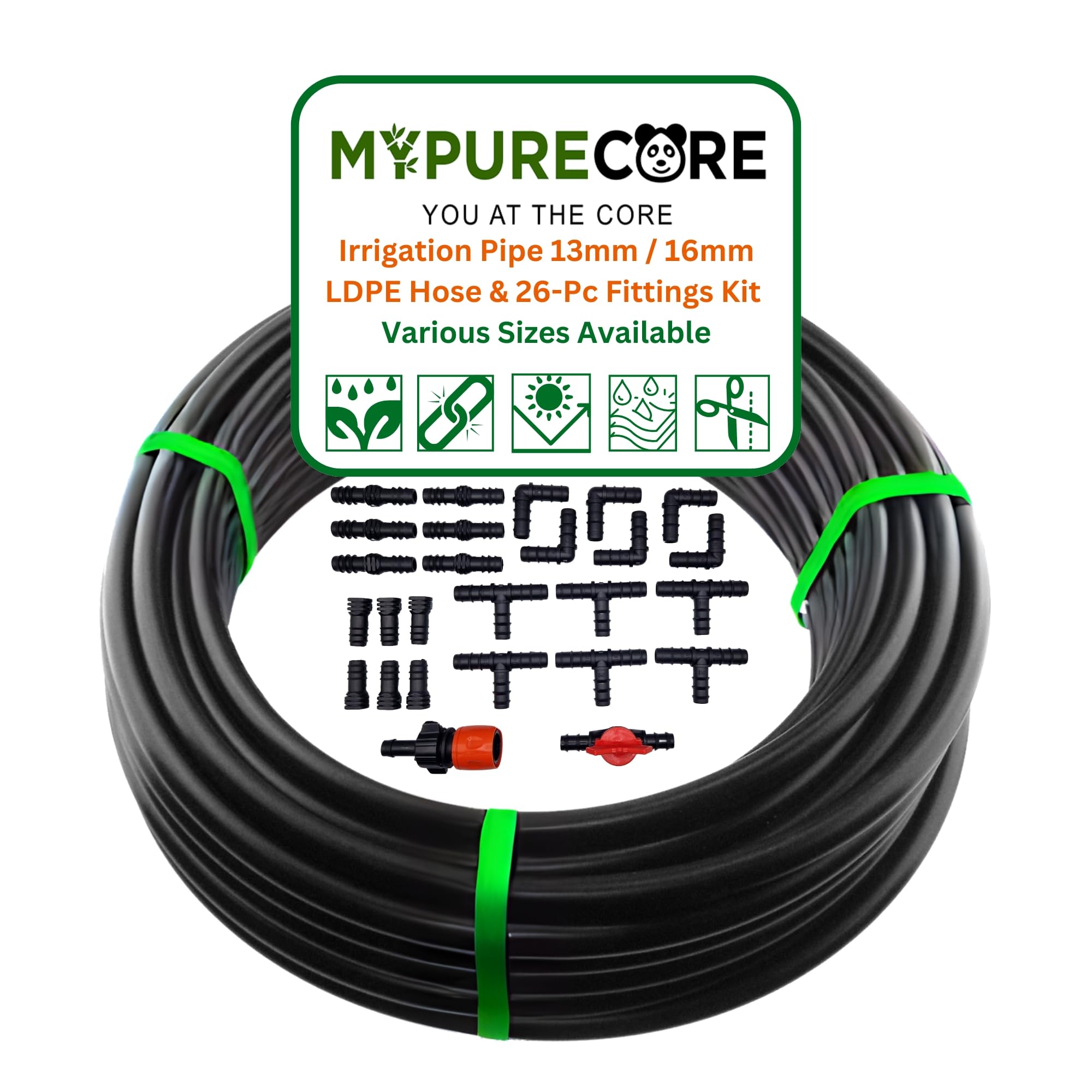 MYPURECORE Irrigation Pipe 13mm / 16mm & 26-Pc Fittings Kit – LDPE Garden Watering Hose Set – Heavy Duty UV Resistant Tubing for Drip System, Greenhouse, Plant Irrigation – Easy DIY Install (50m)