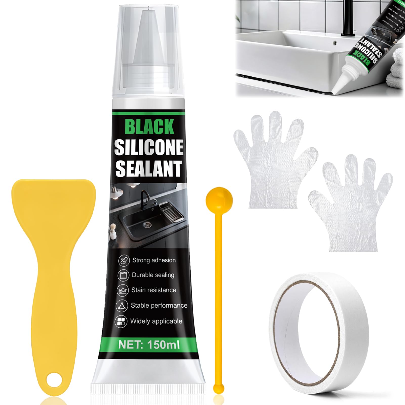 XINGHUO Bathroom Silicone Sealant, 150ML Bathroom Silicone, Black Sealant Waterproof, Flexible, High Strength Multipurpose, Suitable for Kitchens, Bathtubs, Tub, Shower Rooms
