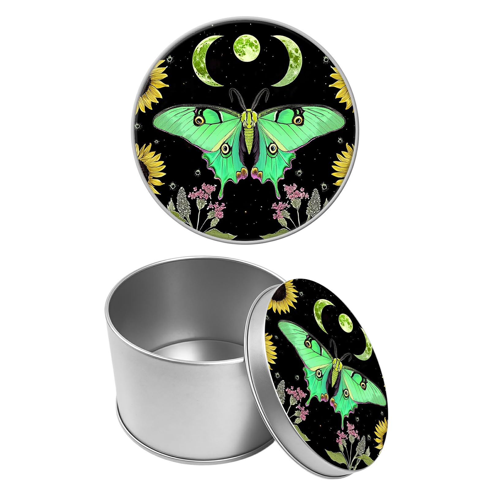 Round Metal Tin Container with Removable Lid, Green Butterfly Moon Durable Metal Storage Box for Cookies Spices Tea Candies Cakes Jewelry Cosmetics 3.54 x 2.36 inch– Single Pack