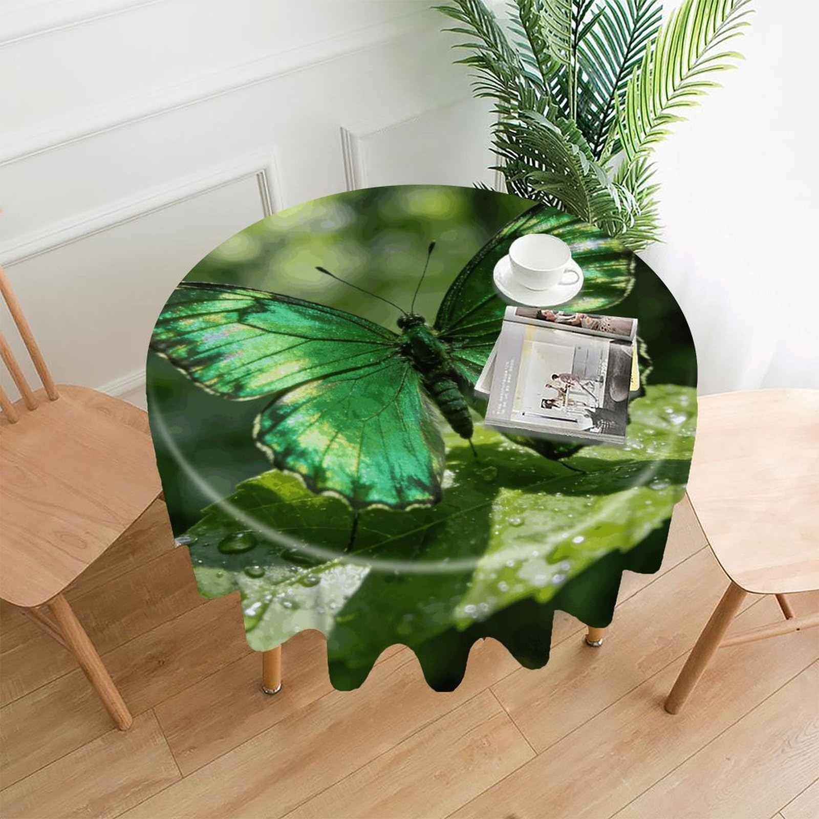 VstaDank Butterfly-Green Tablecloth Easy to Clean Polyester Round Table Cover Washable Round Table Cloth Wrinkle-Free Circle Decoration Tablecloth for Kitchen Dining Room 60"
