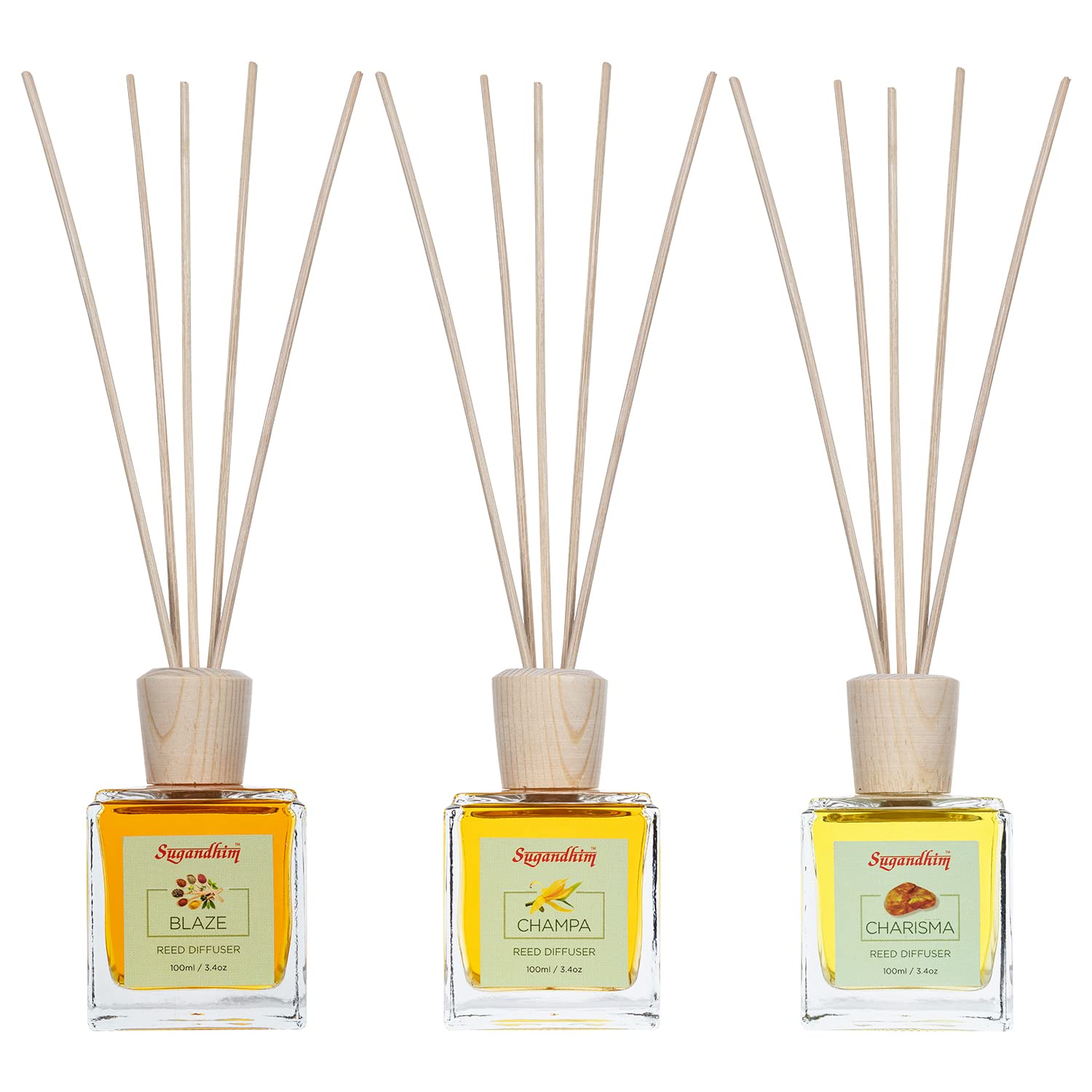 SugandhimReed Diffuser Blaze Champa Charisma, Pack of 3, 3 x 100ml, 5 Reed Sticks In Each, Living Room, Bedroom, Office, Gifting Set, Pleasant Fragrance, Maintenance Free, Eco Friendly, Made In India