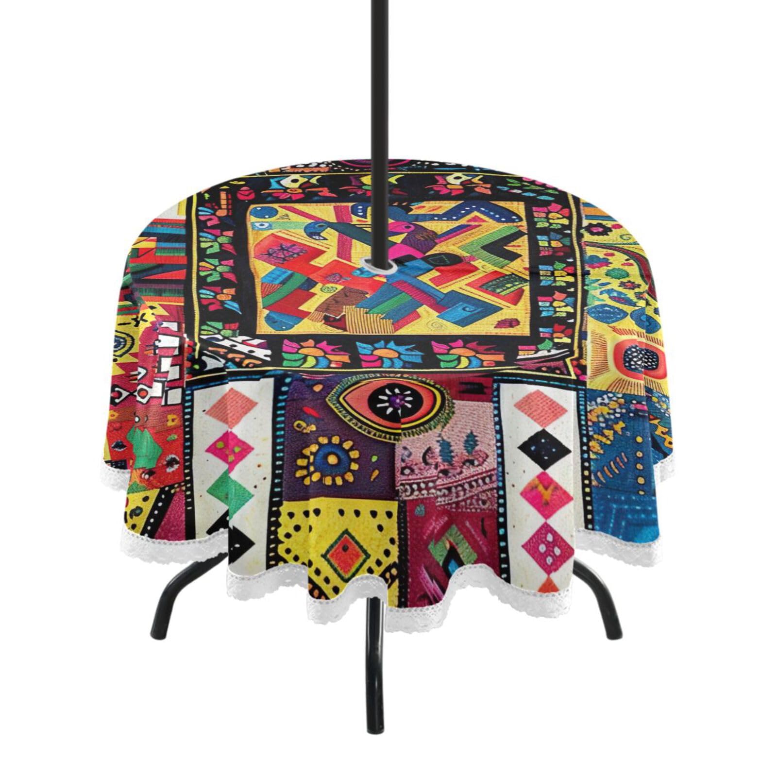 Wajiw 60 Inch Indoor Outdoor Round Tablecloth with Umbrella Hole and Zipper Waterproof Patio Table Cover for Camping Dining Room Party Outdoor Picnic,Aztec Pattern
